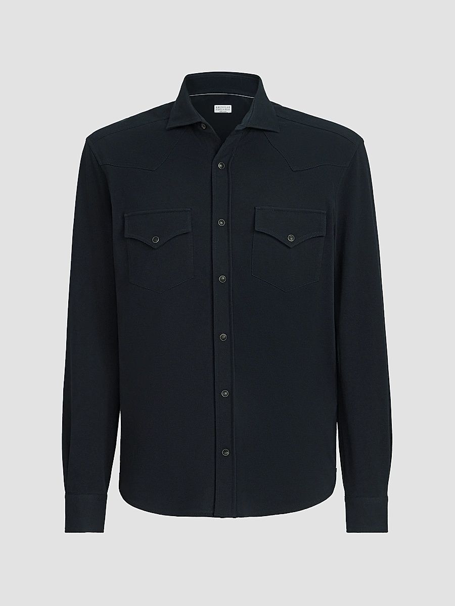 Men's Cotton Piqué Western Shirt - Navy Blue - Size XXXL