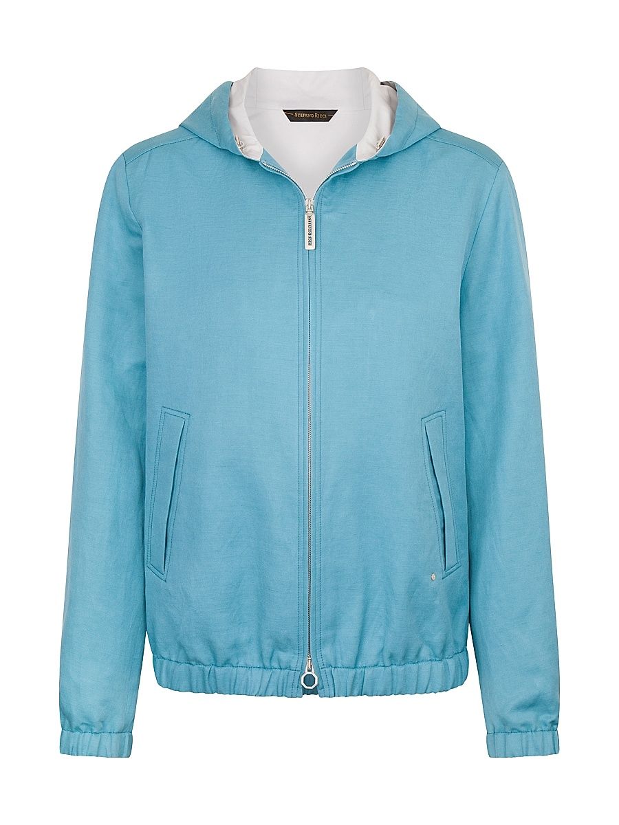 Men's Linen and Silk Hooded Jacket - Blue - Size 38