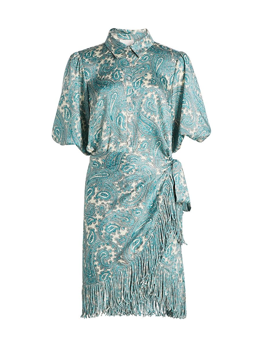 Women's Hendrix Paisley Fringed Wrap Minidress - Gardenia Blue Graphite - Size 14