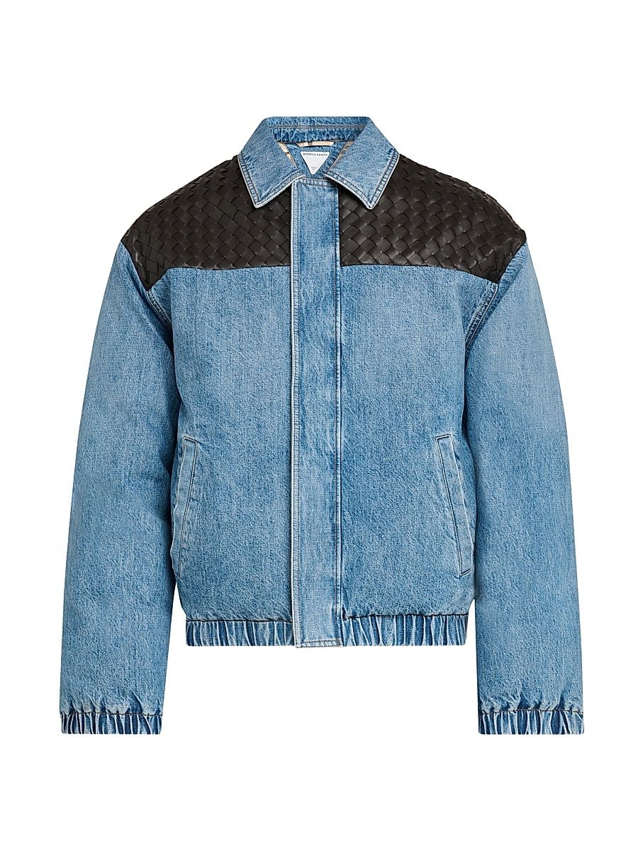 Men's Vintage Indigo-Washed Denim & Leather-Trim Jacket - Medium Blue - Size 42