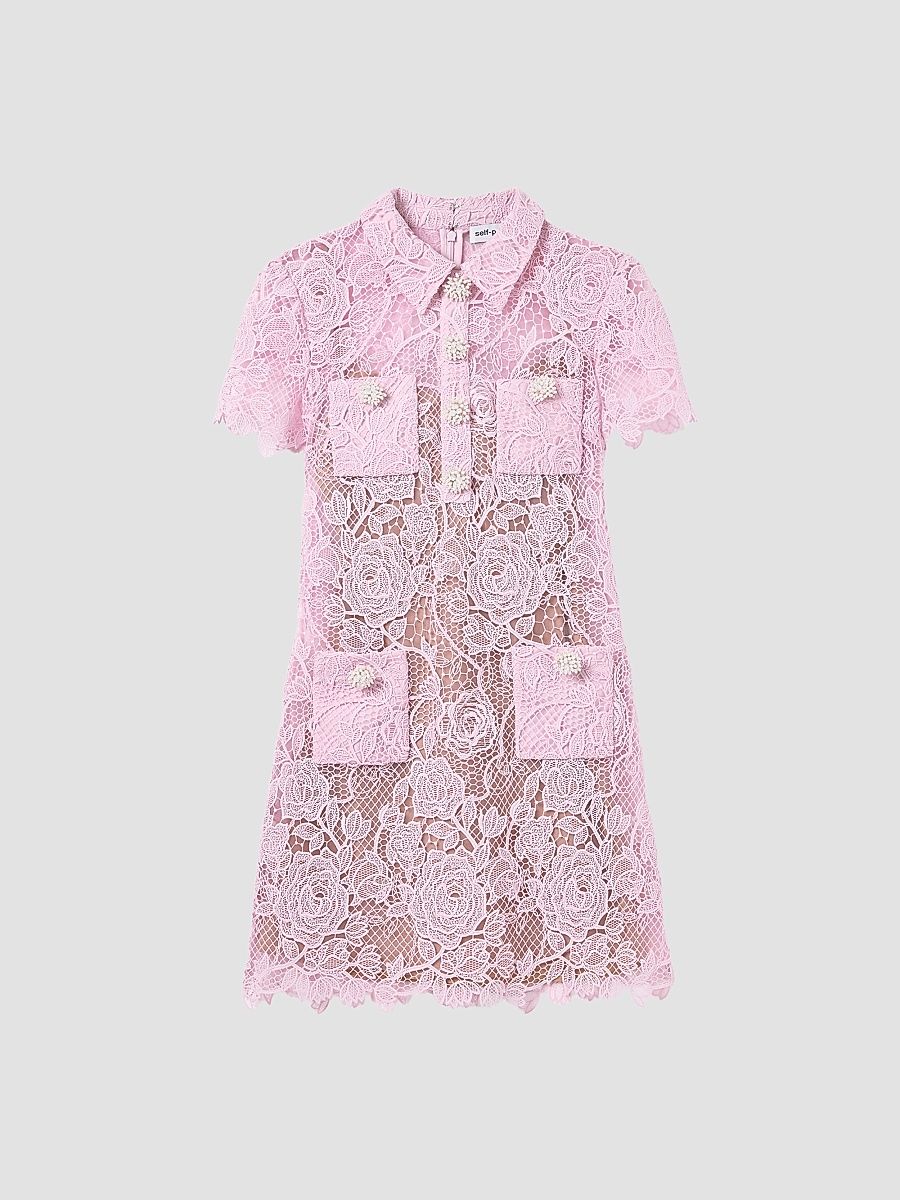 Women's Lace Button-Front Mini Dress - Pink - Size 12