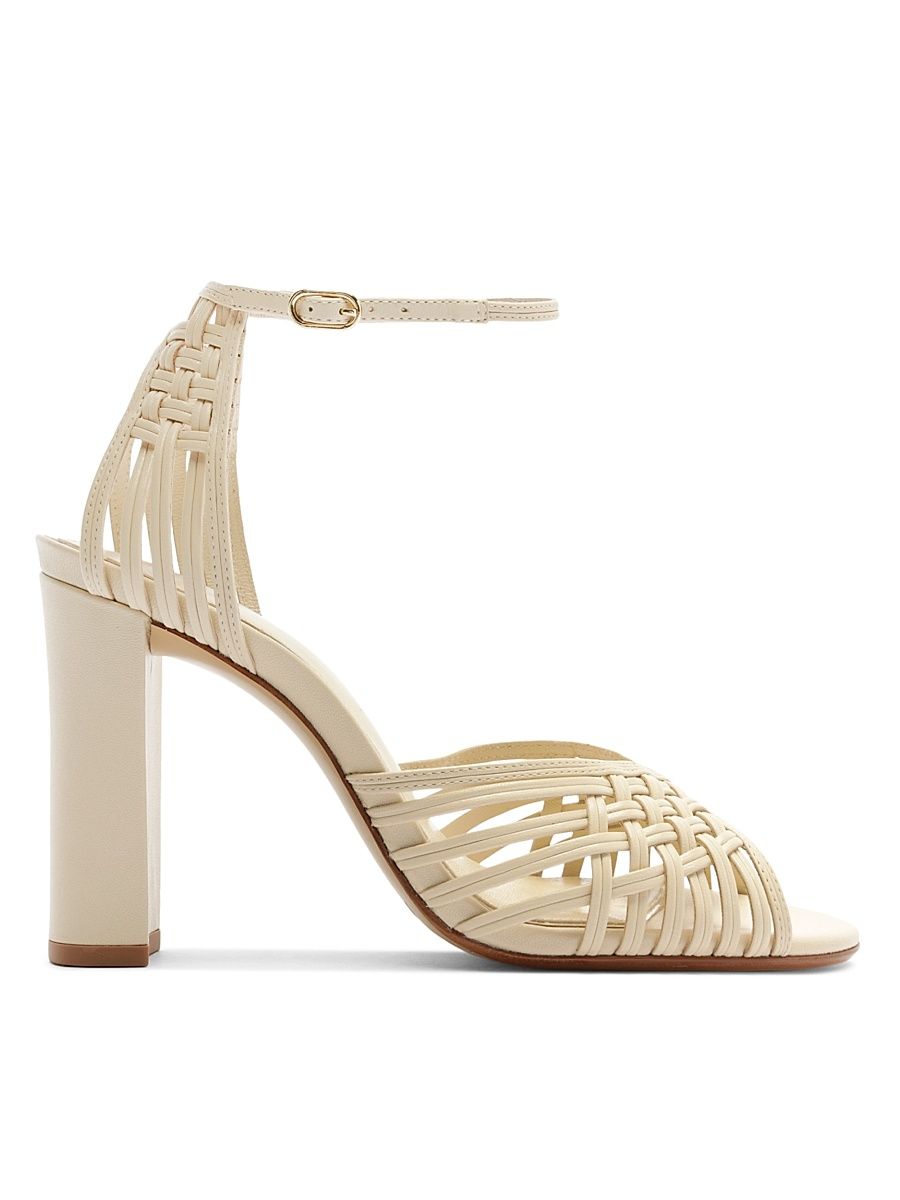 Women's Lilian 90MM Woven Leather Block Heel Sandals - Eggshell - Size 11.5