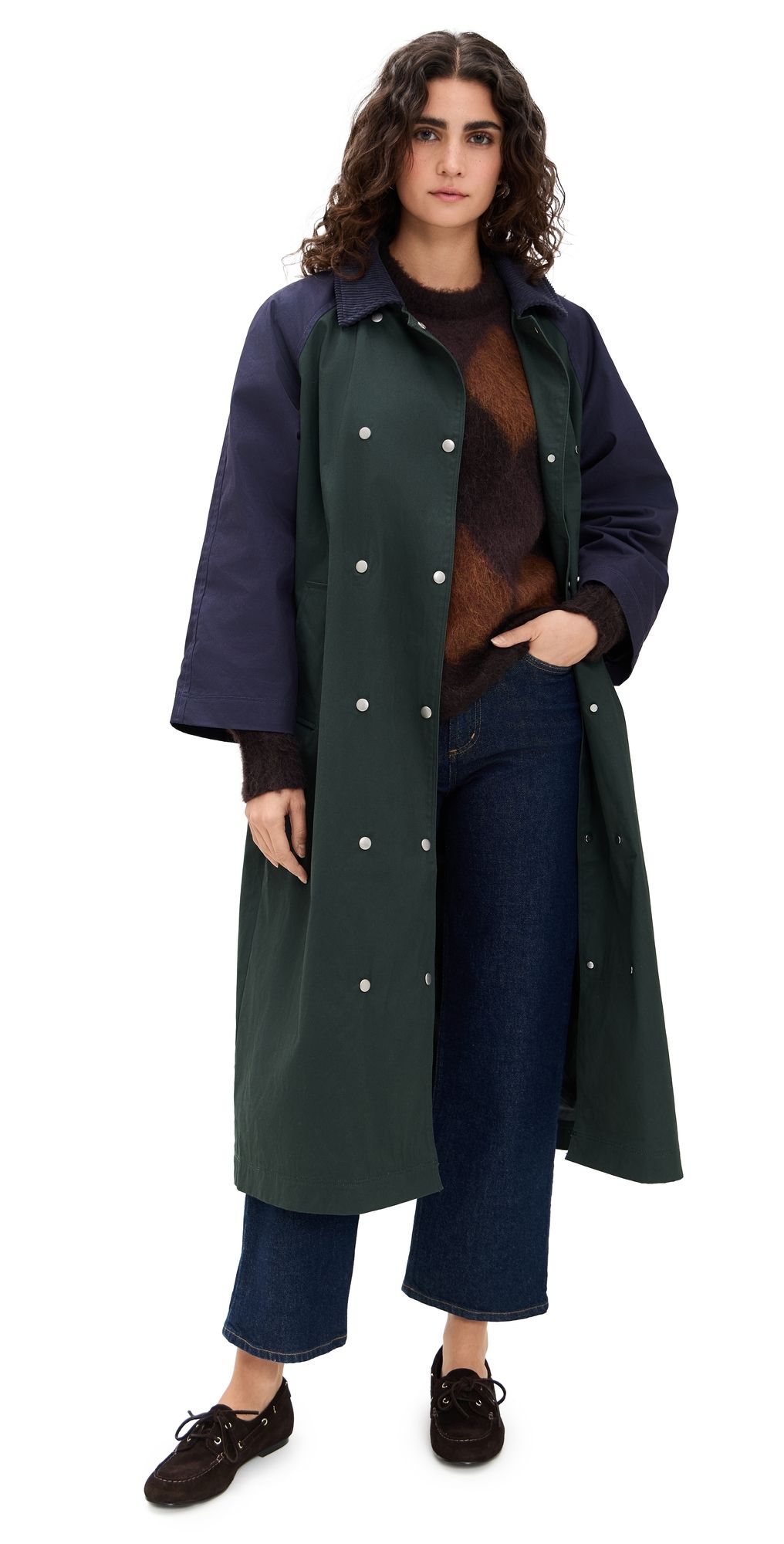 The Tiny Big Sister Color Blocked Trench Coat Bottle Green M/L