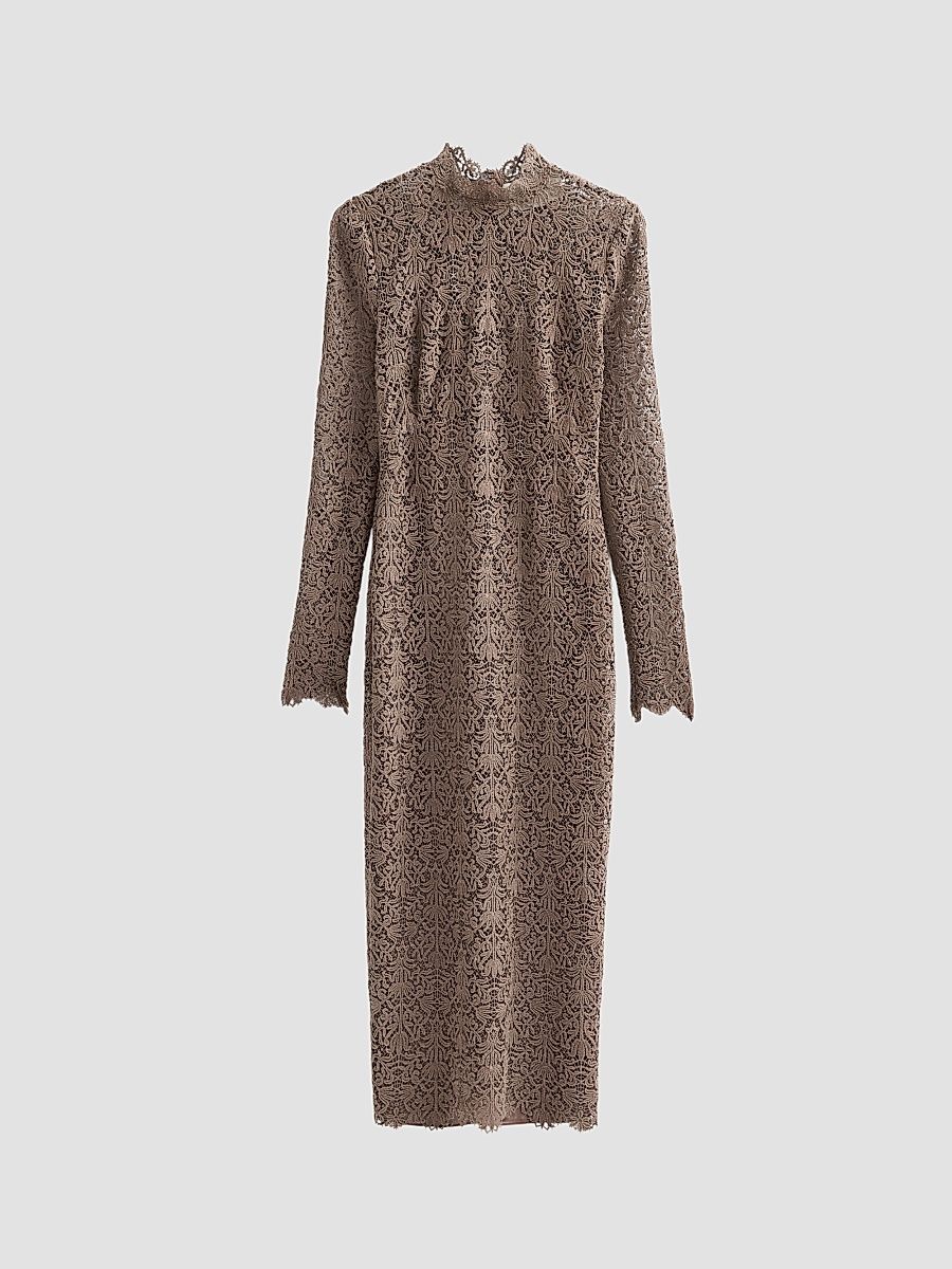 Women's Chenille Lace Long-Sleeve Midi-Dress - Clay - Size 16