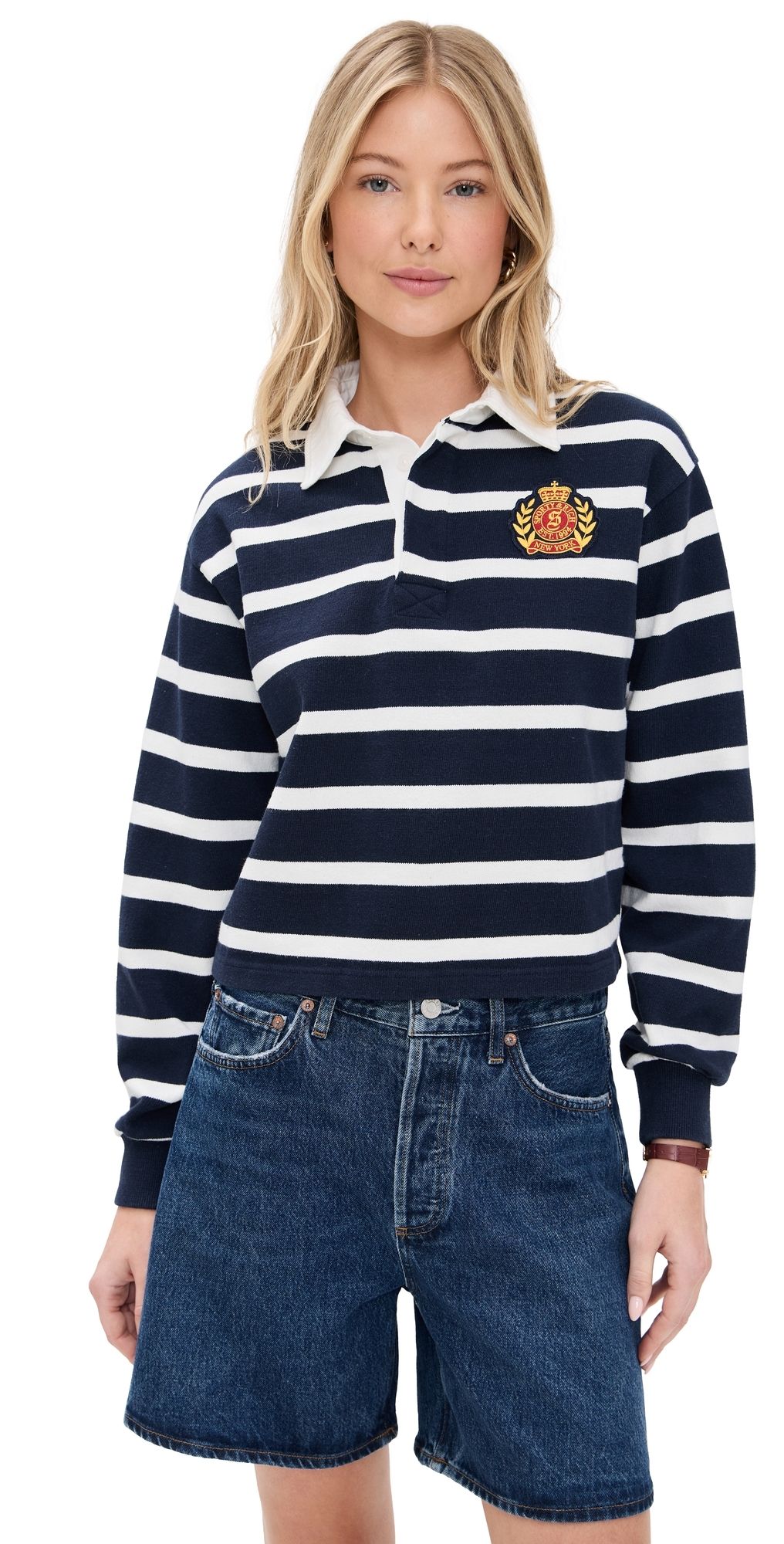 Sporty & Rich NY Crest Rugby Polo White/Navy Large Stripe Gold/C L