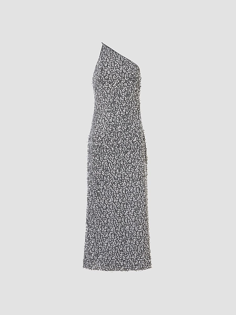 Women's Sequined Cotton-Blend Net One-Shoulder Midi Dress - Ecru Black - Size 2