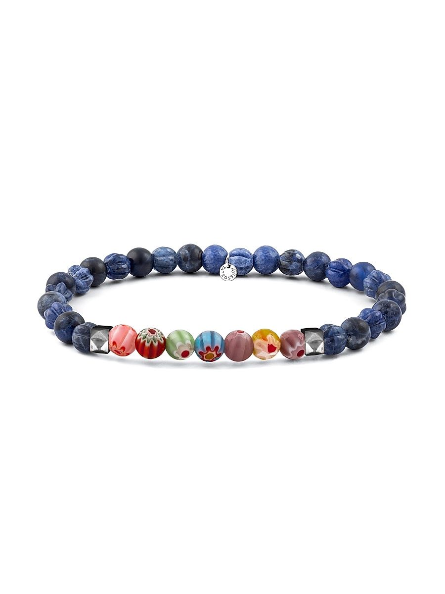 Men's Millefiori Glass & Agate Beaded Bracelet - Size Large