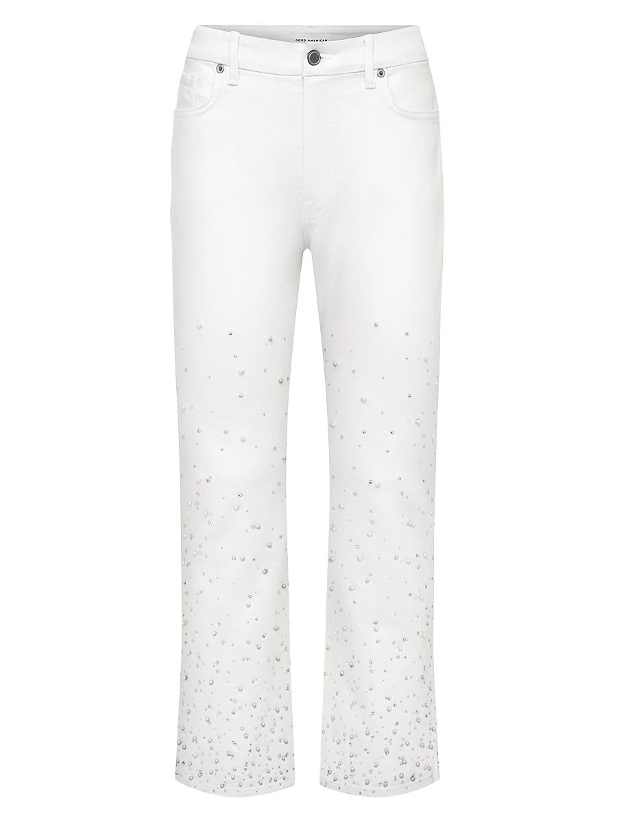 Women's Good Icon Pearl-Embellished Straight Ankle Jeans - White - Size 8