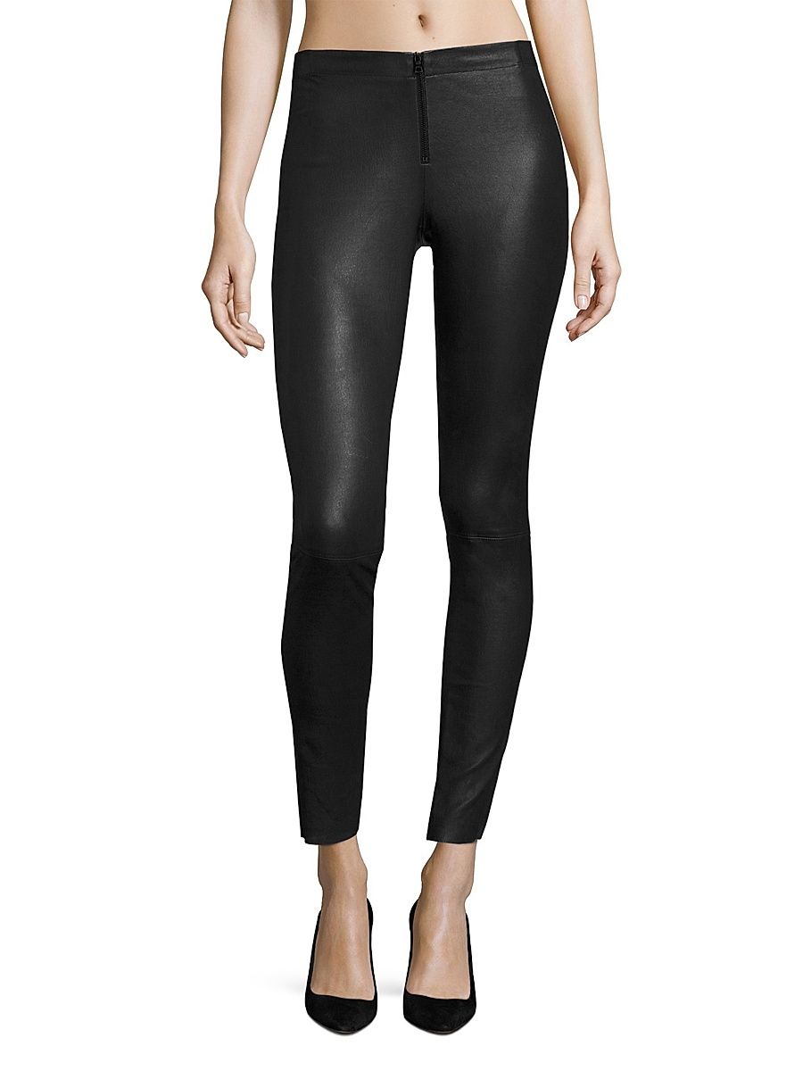 Women's Front-Zip Leather Leggings - Black - Size 12