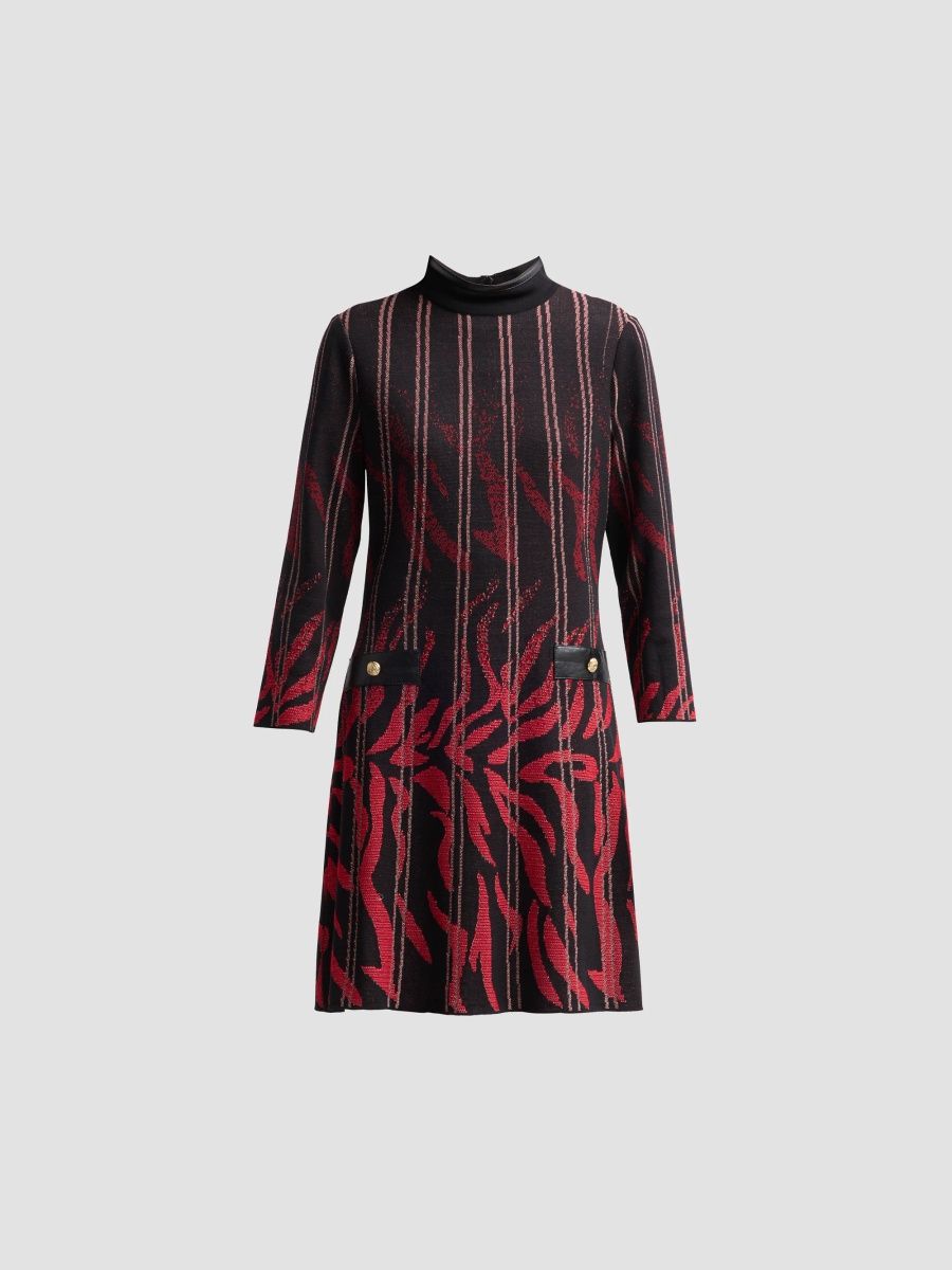 Ming Wang Women's Animal Knit Mock-Turtleneck Mini Dress - Holiday French Almond Black - Size XL