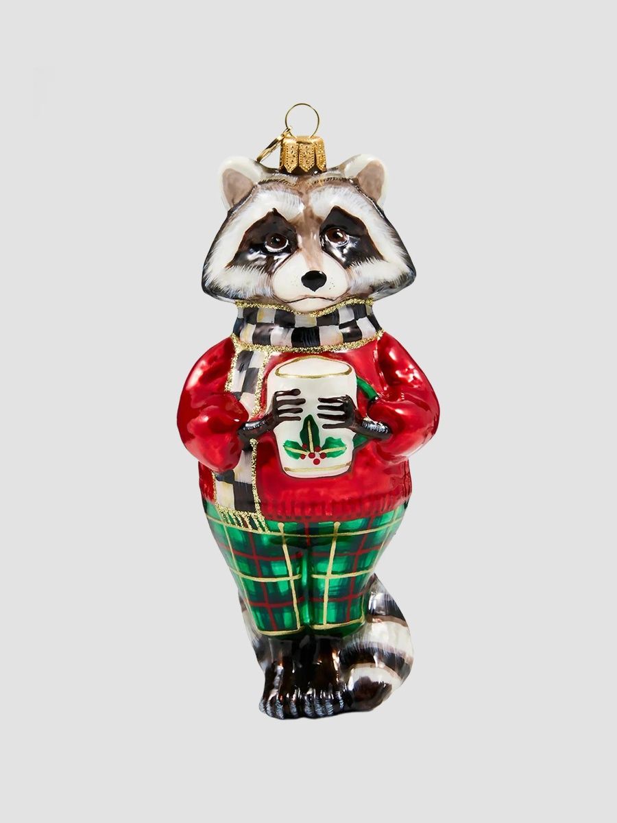 MacKenzie-Childs Merry Christmas Tartan Raccoon Glass Ornament