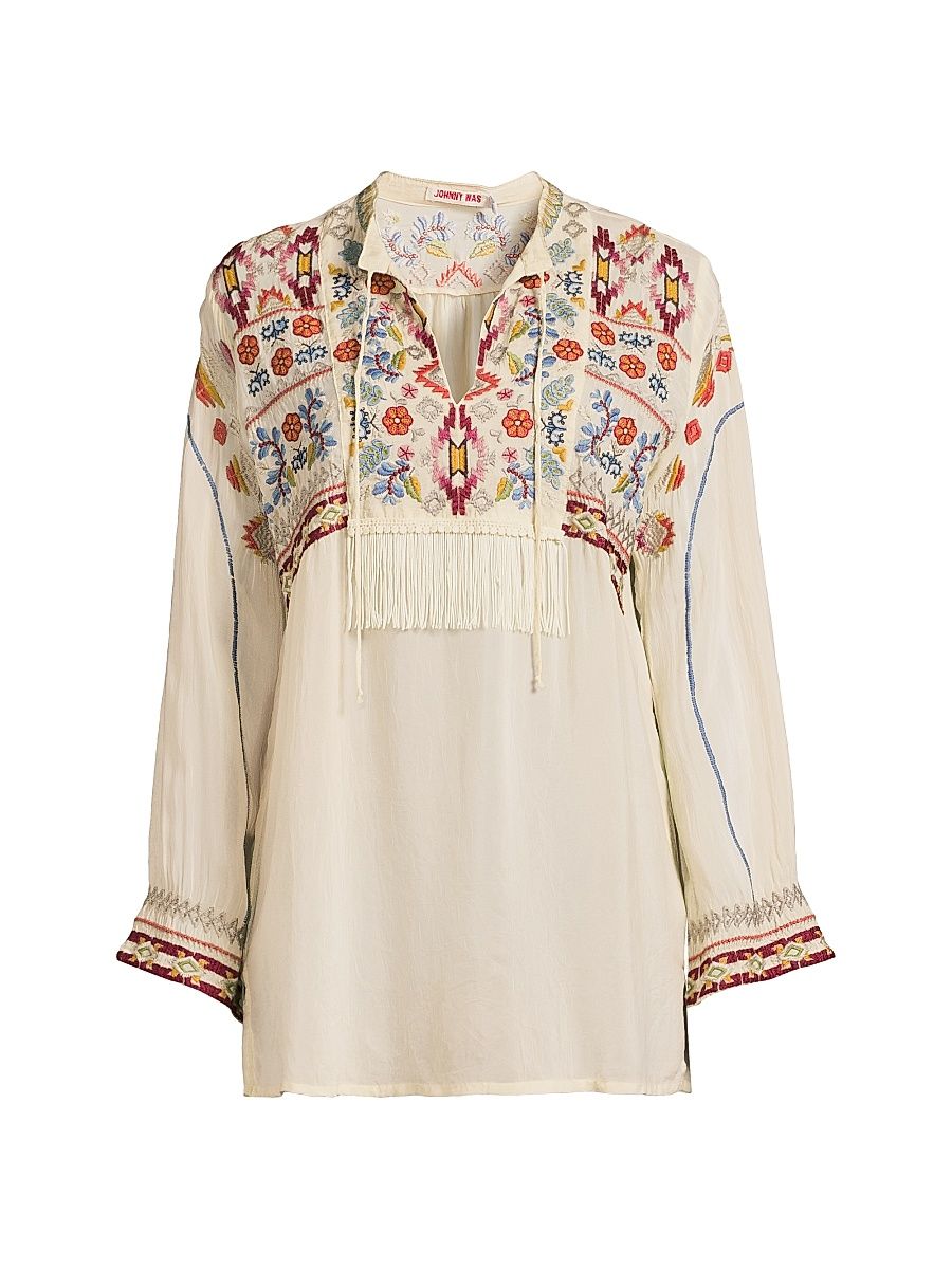 Women's Karen Coriander Fringe Embroidered Tunic - Shell - Size Small
