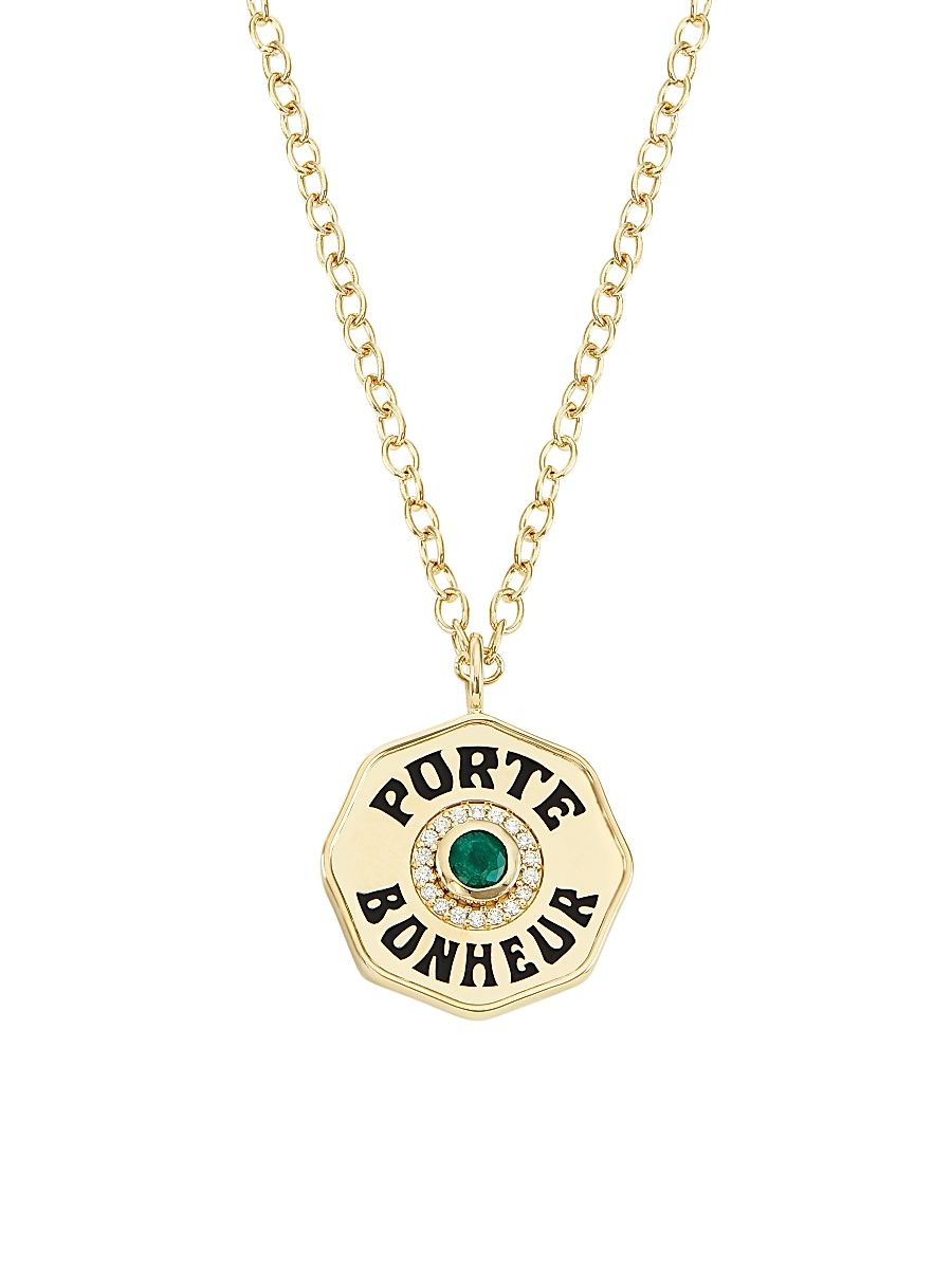 Women's Je Porte Bonheur Large 14K Yellow Gold, Enamel, Emerald & 0.31 TCW Diamond Pendant Necklace - Emerald