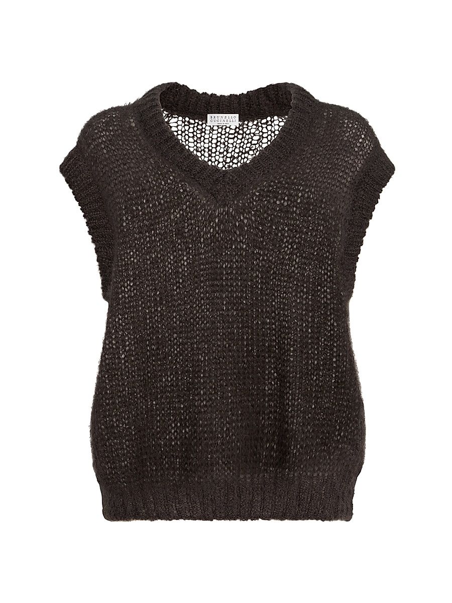 Women's Sparkling Mohair Sweater Vest with Monili - Pine Cone Brown - Size Medium