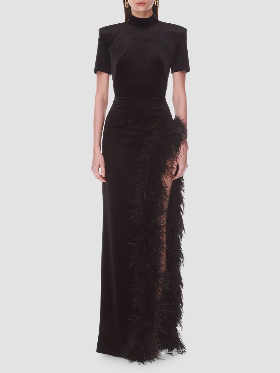 Bronx Banco Women's Velvet Feather Trim Slit Gown - Black - Size XL