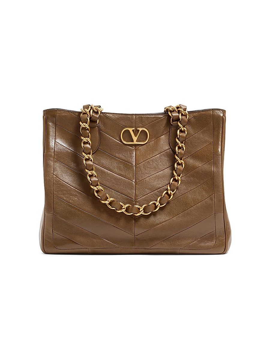 Women's Laseine Shopping Bag in Nappa Leather with a Chevron Pattern - Tundra