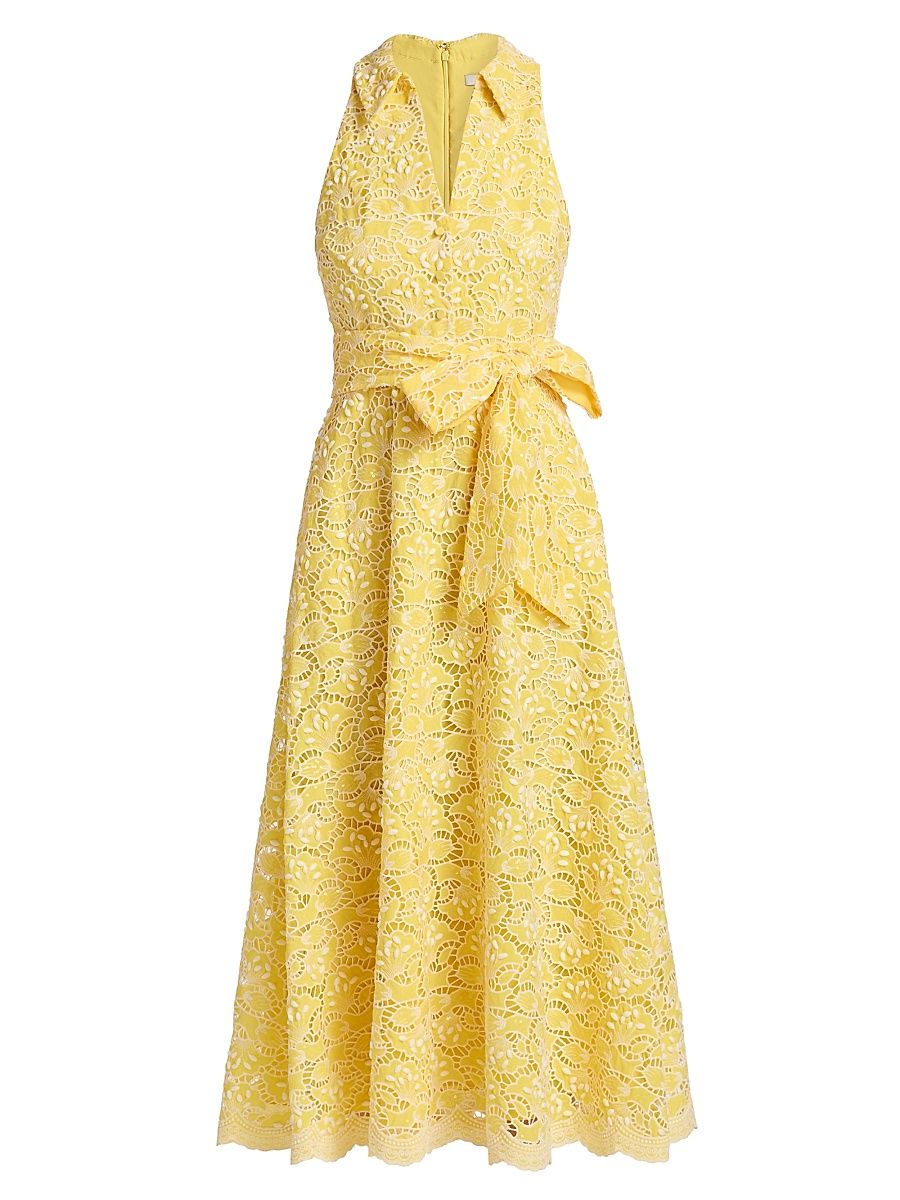 Women's Eyelet Lace Belted Midi-Dress - Yellow - Size 16