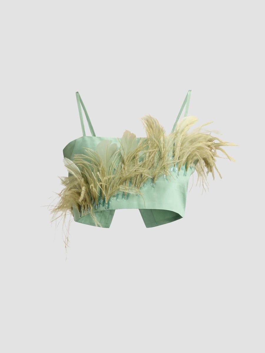 Azeeza Women's Walton Feather-Trimmed Top - Mint - Size XL