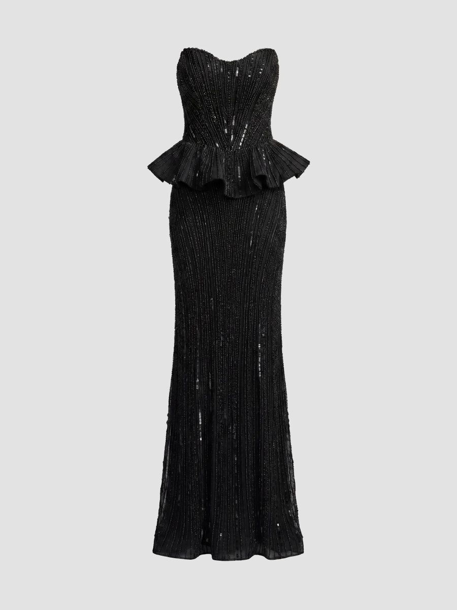 Mac Duggal Women's Beaded Mesh Strapless Peplum Gown - Black - Size 12