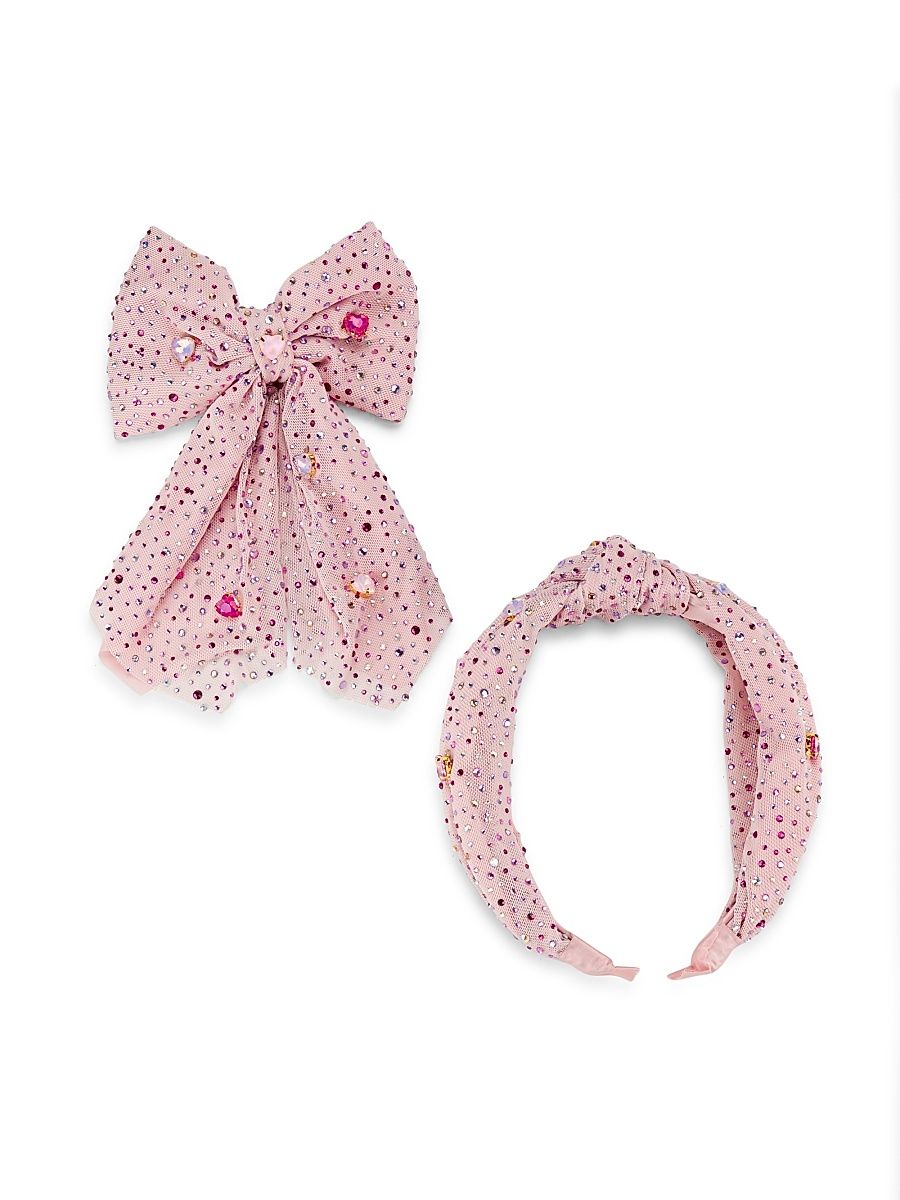 Jewel Tulle Heart Heandband And Clip Set - Multi Pink
