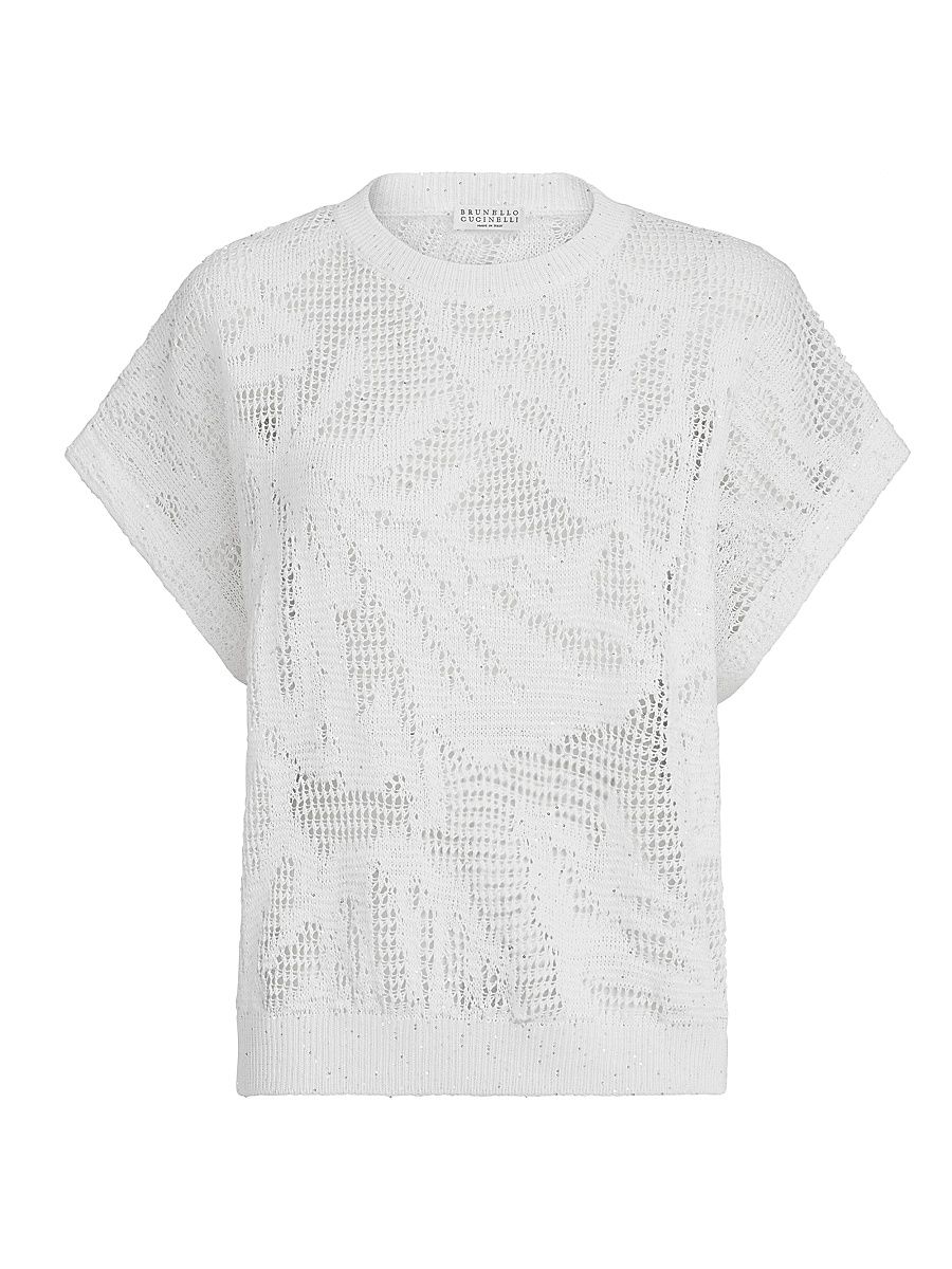 Women's Dazzling Water Lillies Knit T-Shirt in Linen and Cotton - White - Size XXL