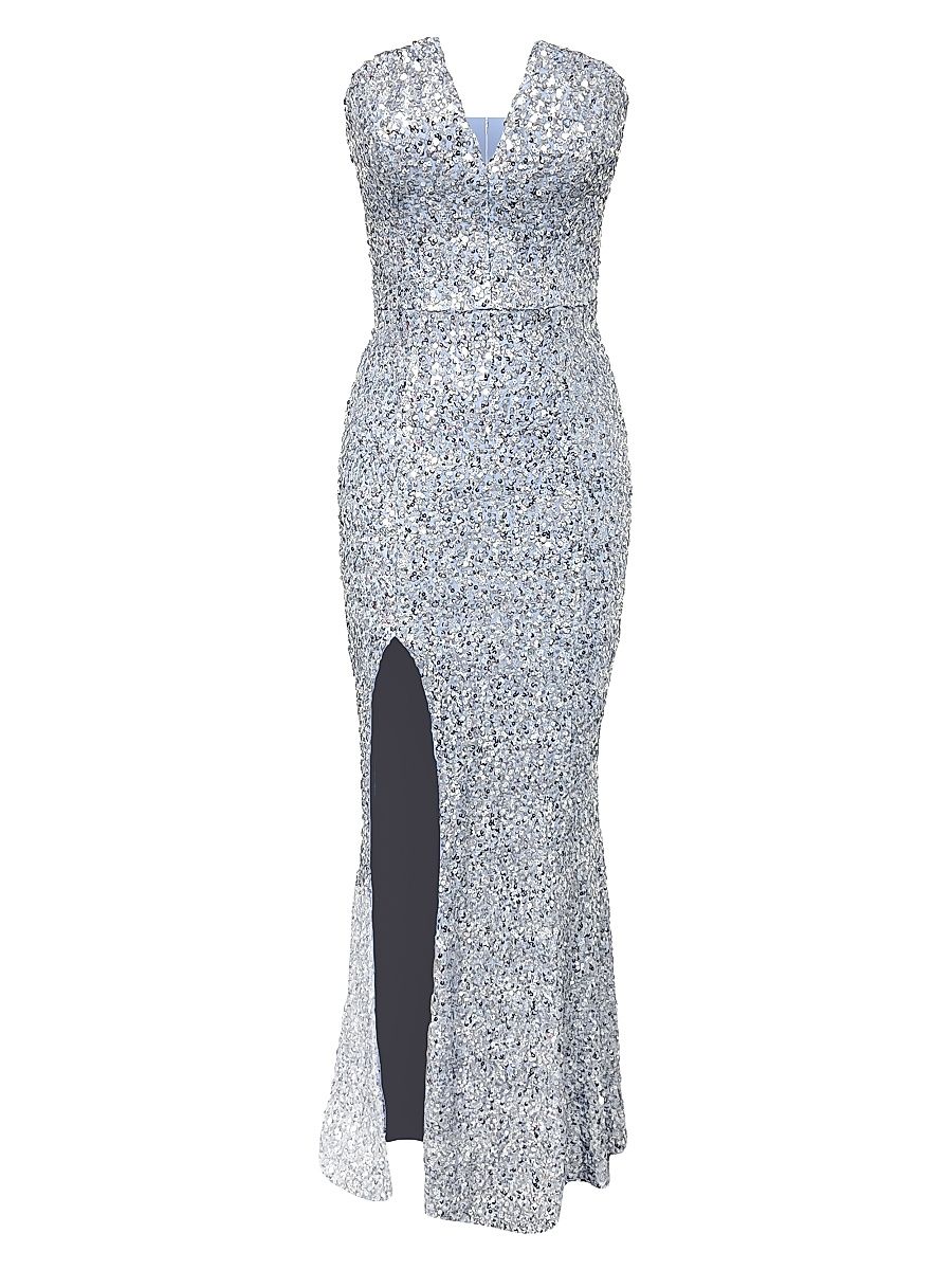 Dress The Population Women's Fernanda Sequin Mermaid Gown - Platinum Multi - Size Large