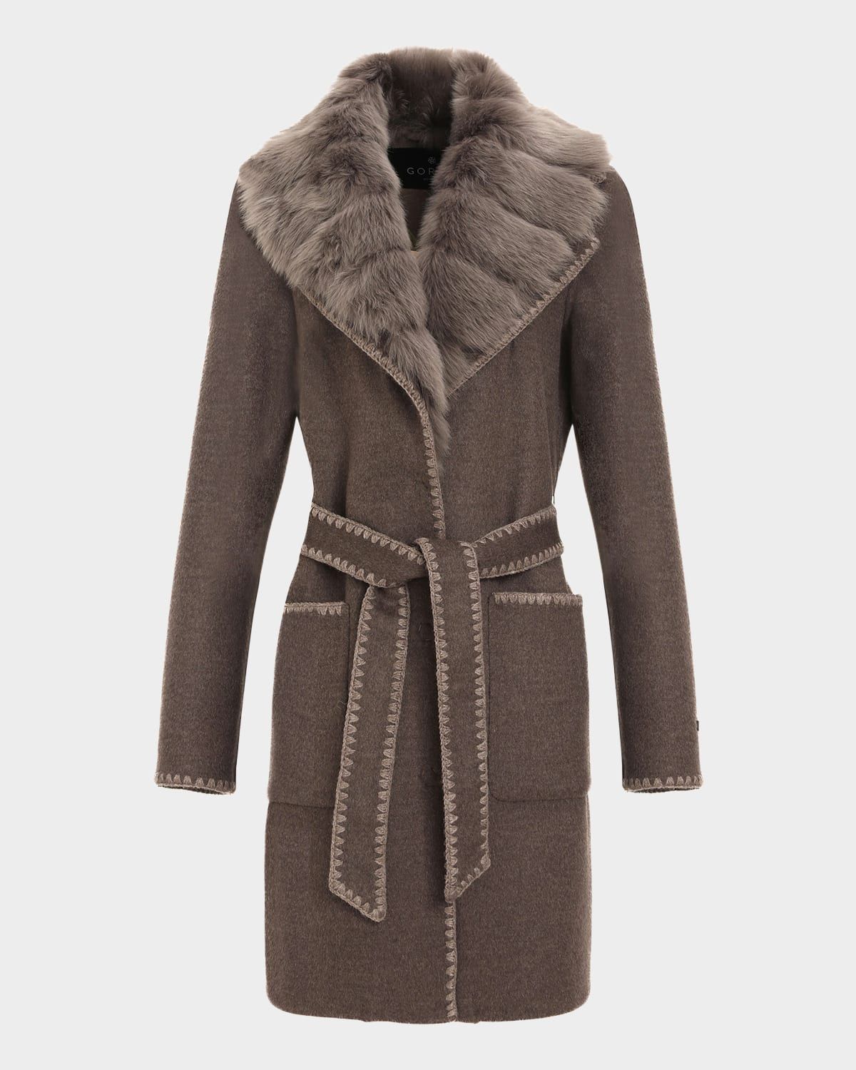 Belted Cashmere-Wool Stroller with Detachable Merinillo Lamb Shearling Collar