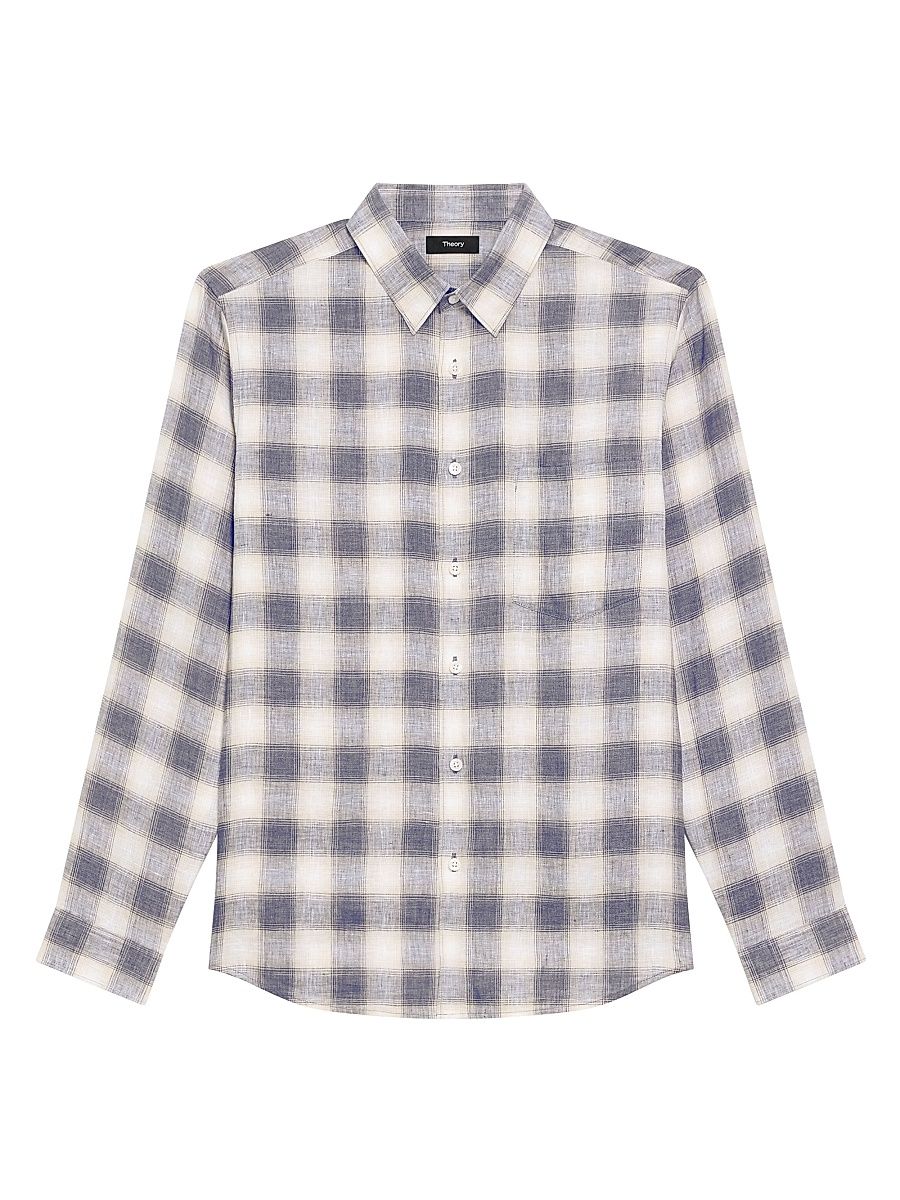 Men's Irving Plaid Linen Button-Front Shirt - Carbon Multi - Size Medium