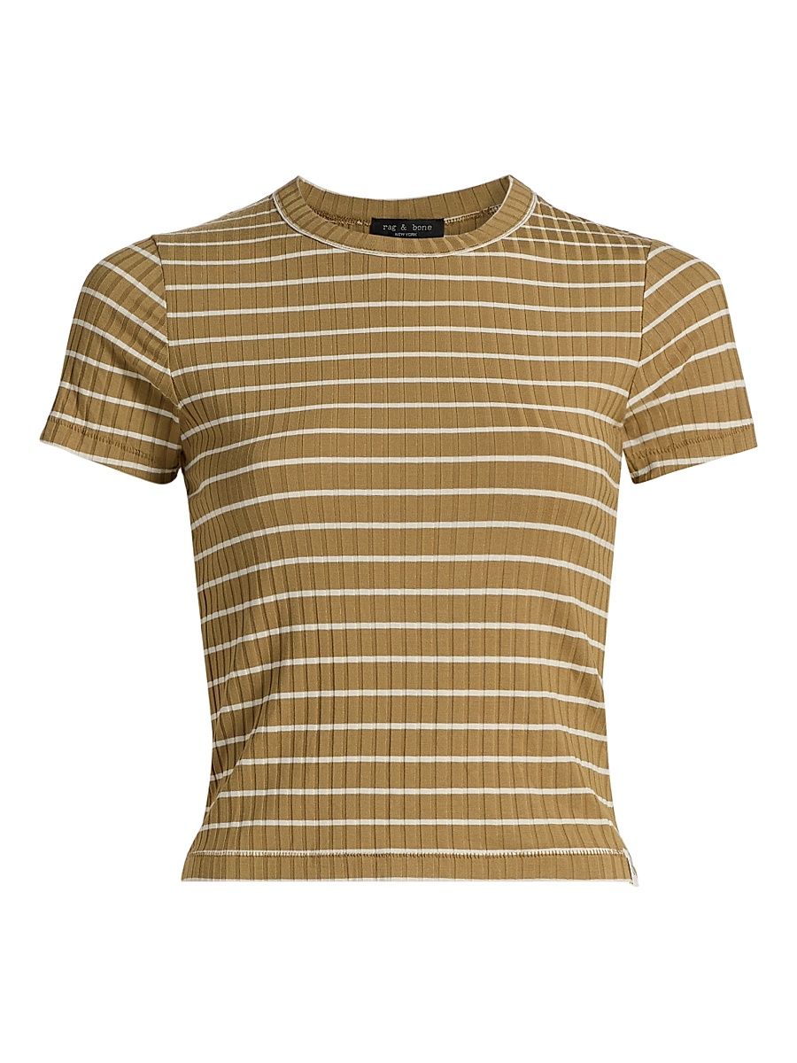 Women's Luca Striped Cotton Crop T-Shirt - Khaki Multi - Size Large