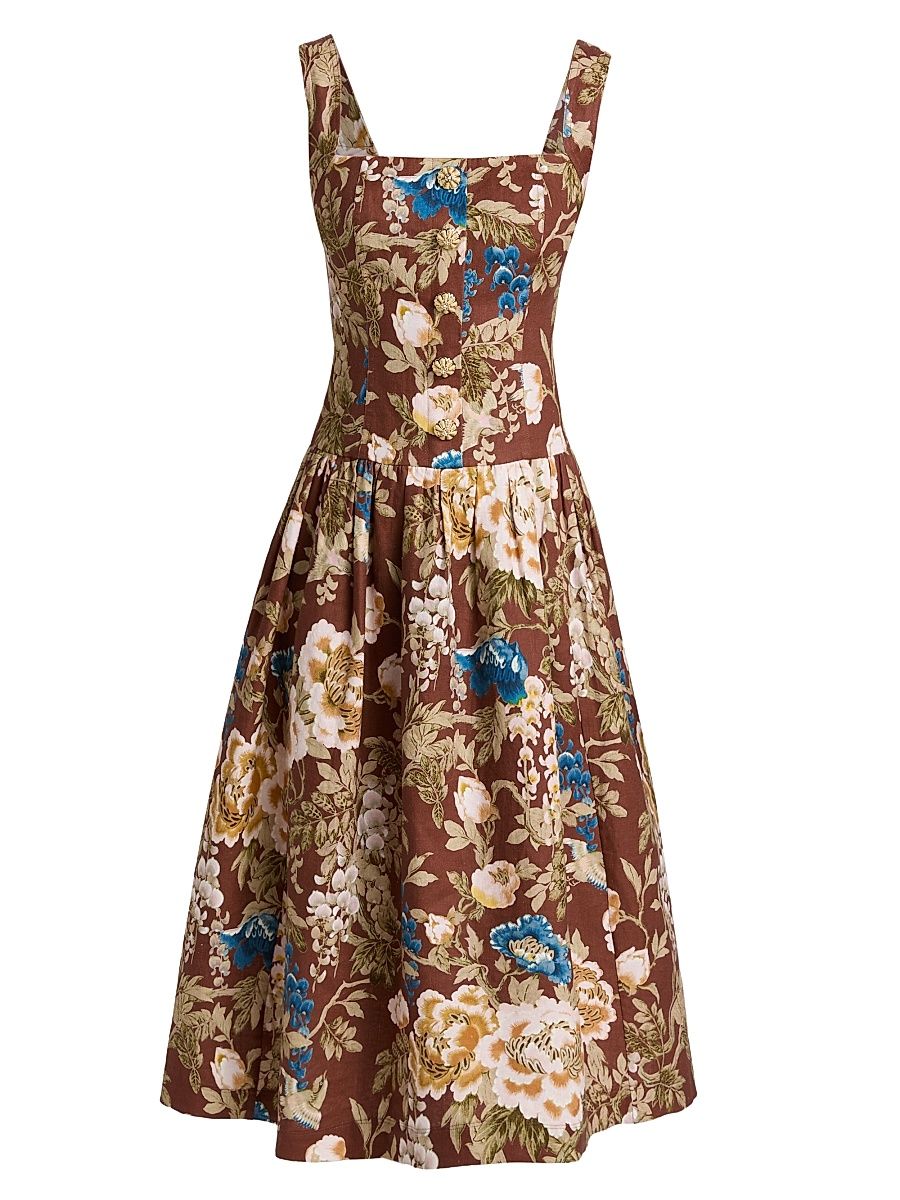 Women's Feliz Floral Linen Midi Dress - Flora Meadow Brown - Size 14