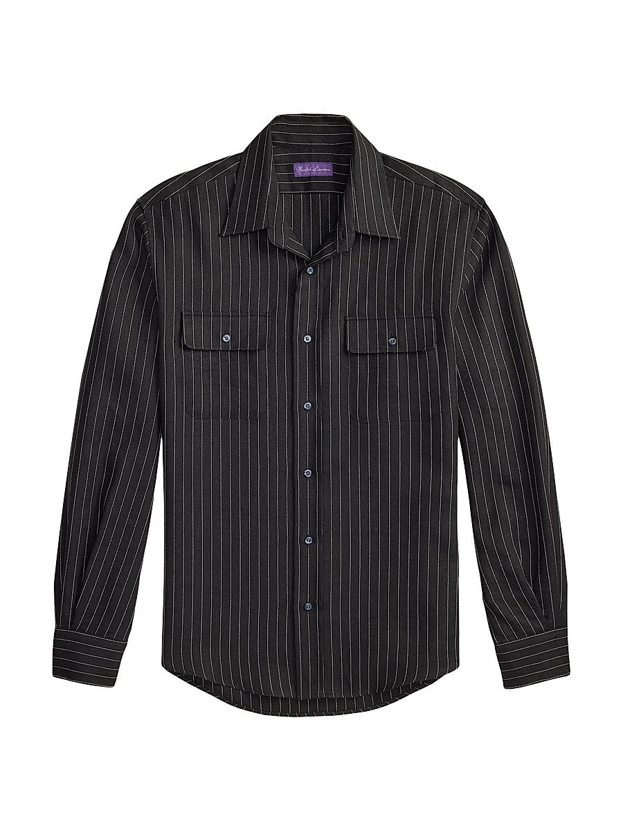 Men's Cooper Pinstriped Wool-Linen Long-Sleeve Sport Shirt - Black Cream - Size XXL
