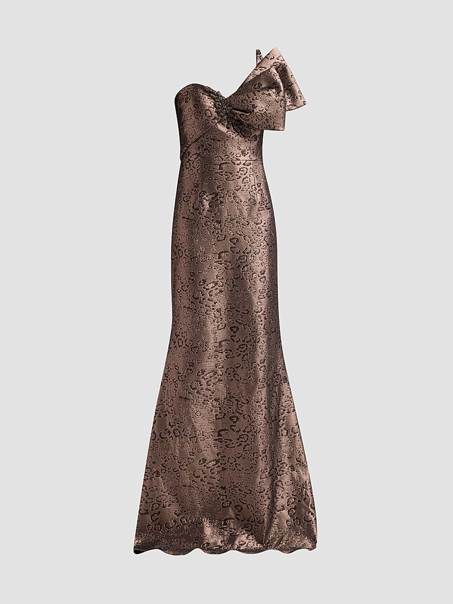 Teri Jon by Rickie Freeman Women's Abstract Animal Jacqaurd Bow Gown - Bronze - Size 14