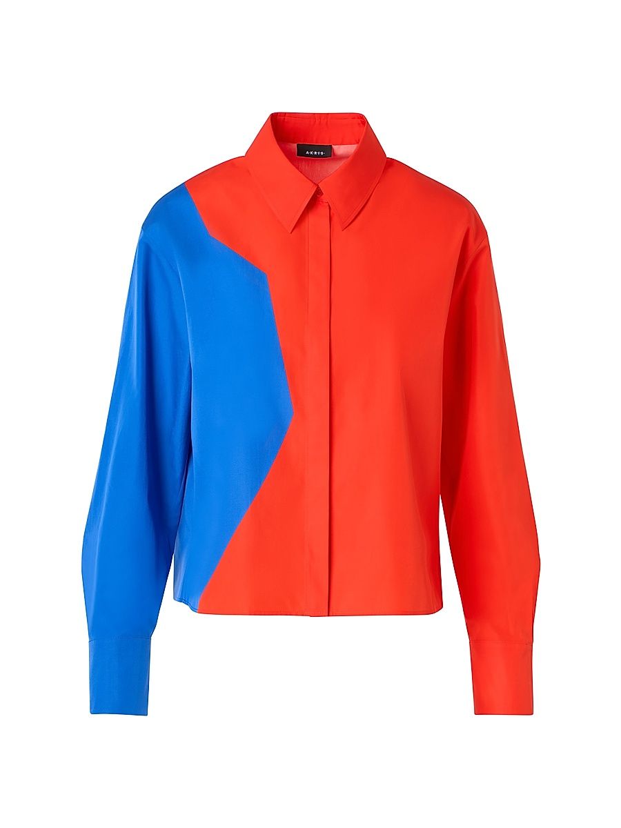 Women's Colorblocked Cotton Boxy Fit Crop Shirt - Vermillion Lapis Blue - Size 16