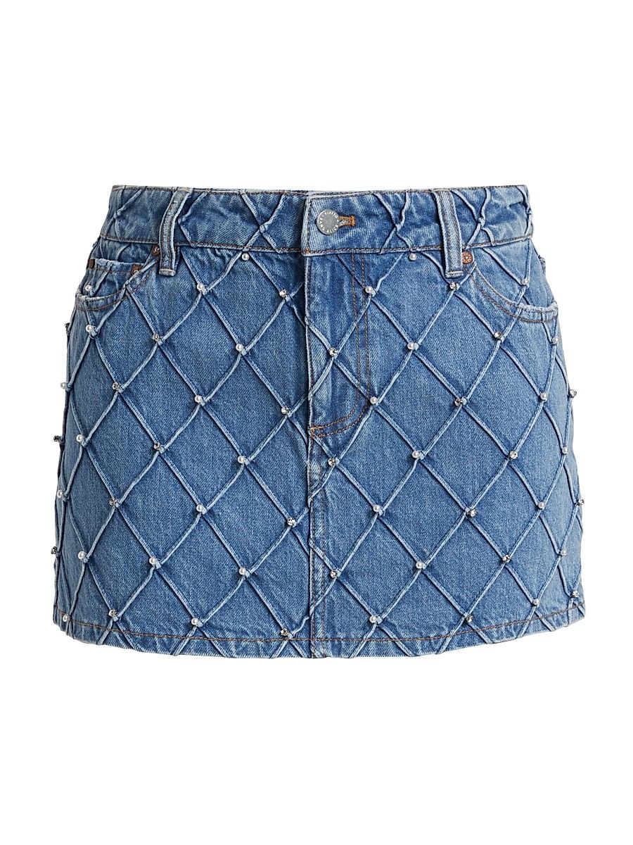 Women's Joss Faux-Pearl Quilted Denim Miniskirt - Light Indigo - Size 32