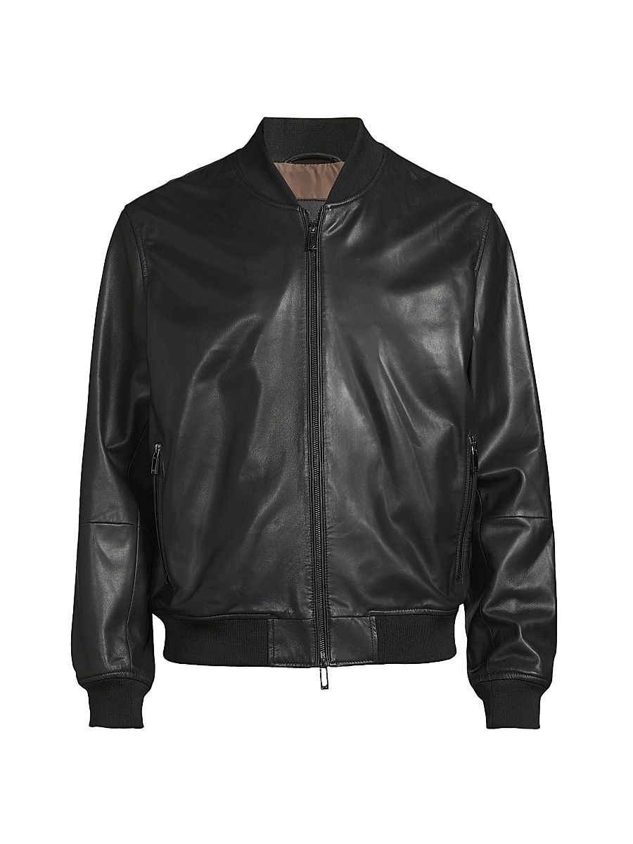 Men's Leather Bomber Jacket - Black - Size 44
