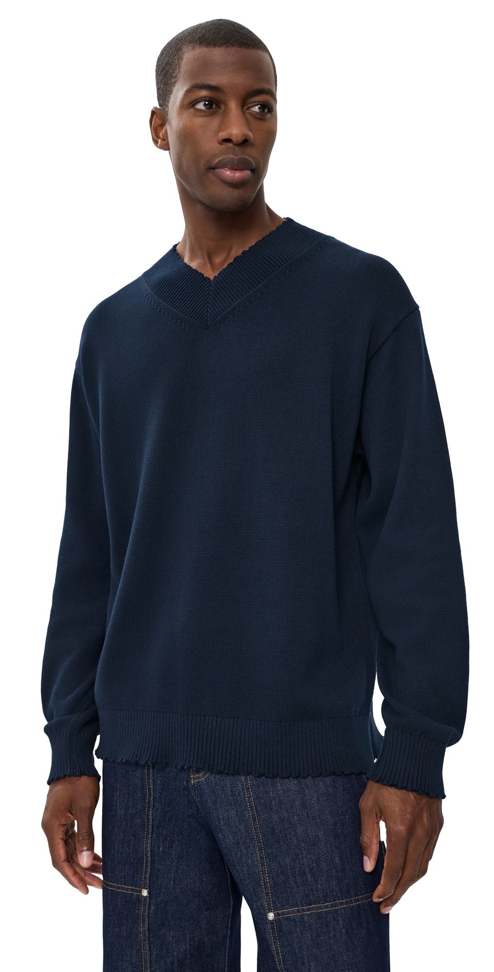 Helmut Lang Distressed V Neck Sweater Dark Navy L