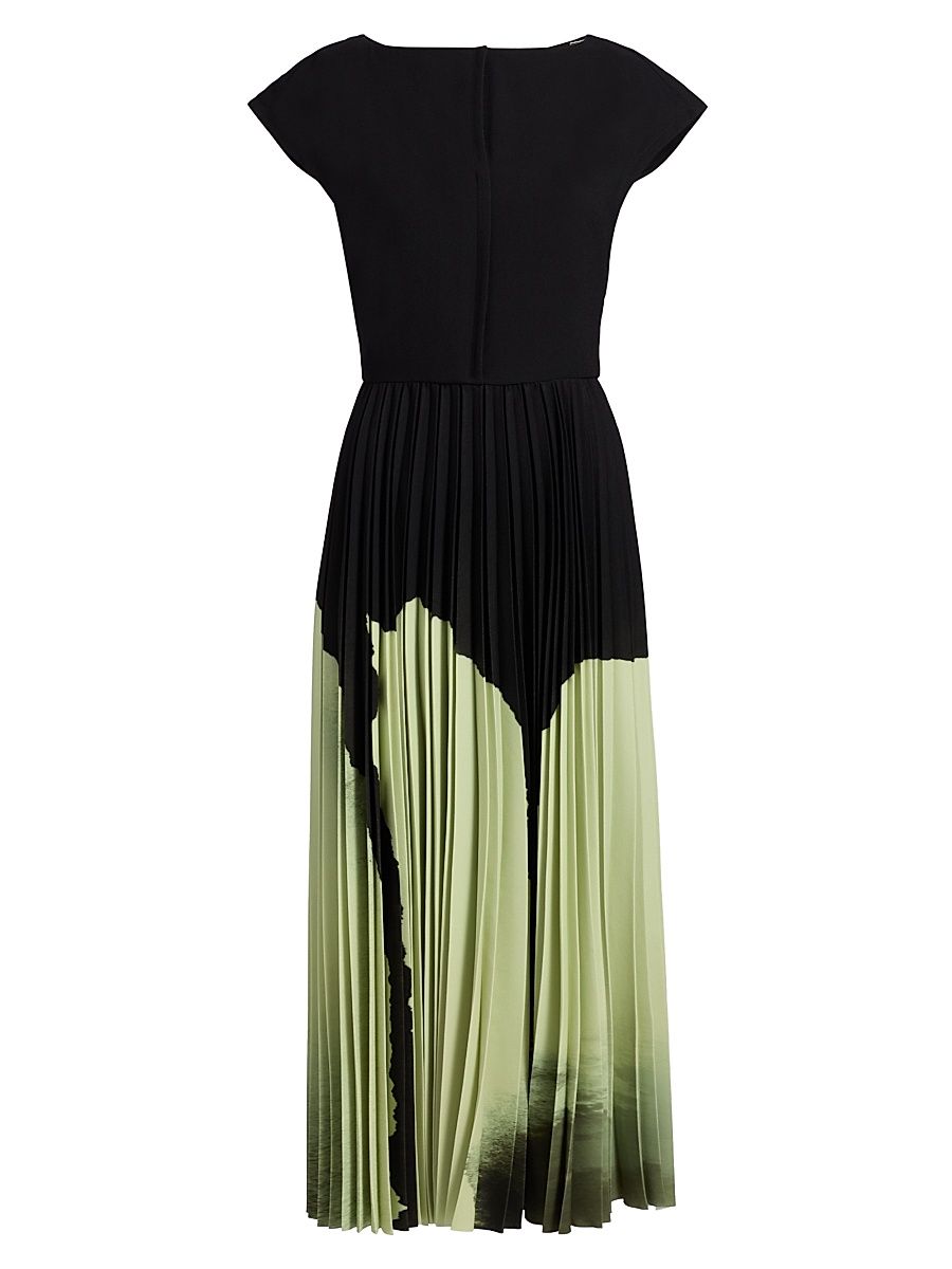 Women's Watercolor Floral Crepe Pleated Midi-Dress - Nori Light Jade Multi - Size 6