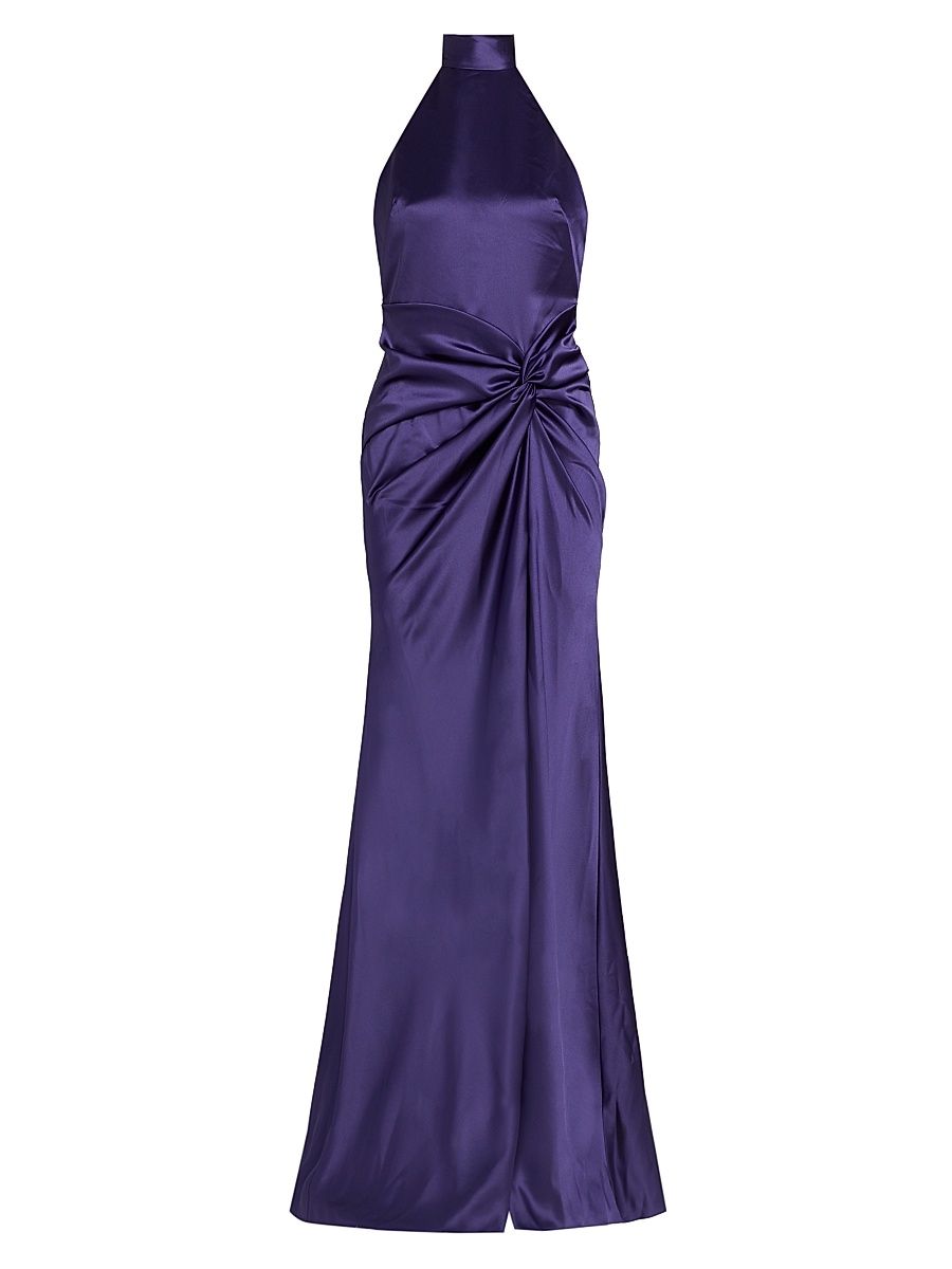 Women's Halterneck Draped Satin Gown - Amethyst - Size 12