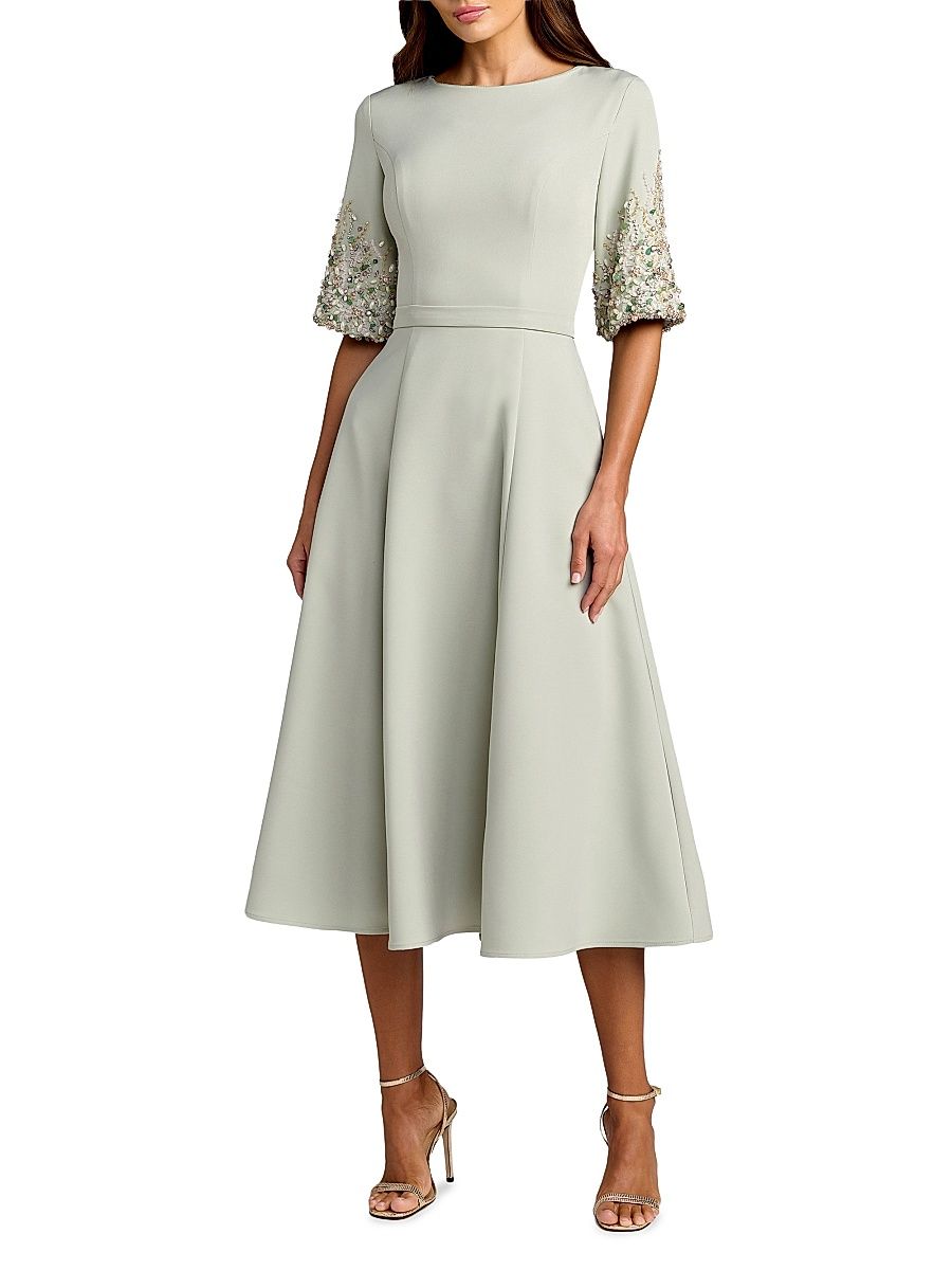 Women's Embellished Sleeve Tea-Length Cocktail Dress - Sage - Size 20