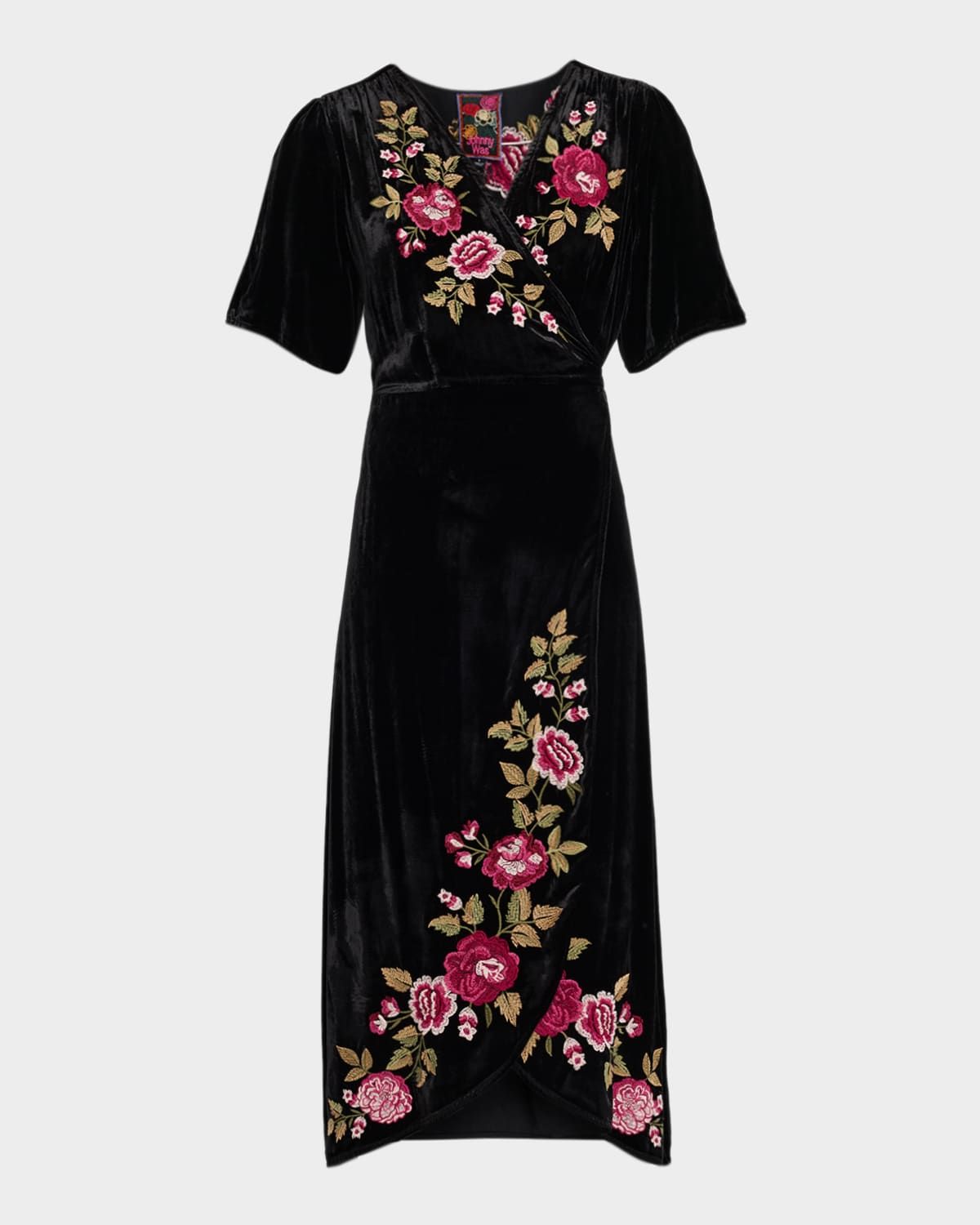 Floral-Embroidered Velvet Midi Wrap Dress