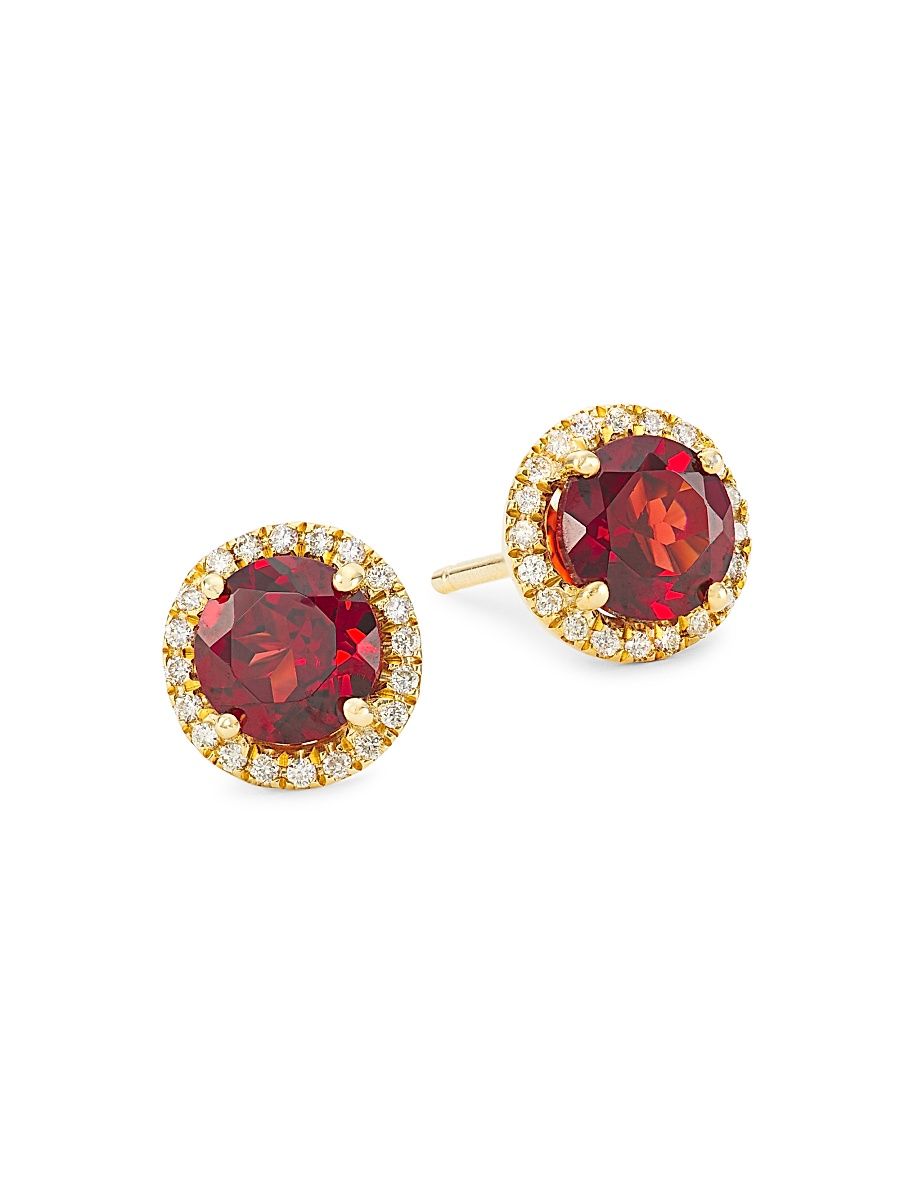 Women's 14K Yellow Gold, Garnet, & 0.16 TCW Diamond Halo Stud Earrings - Red