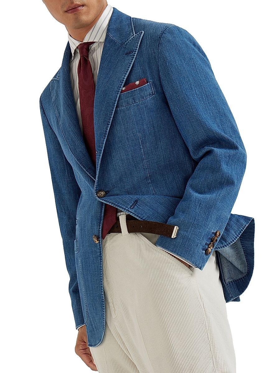 Men's Old Denim Deconstructed Blazer with Peak Lapel - Medium Denim - Size 44