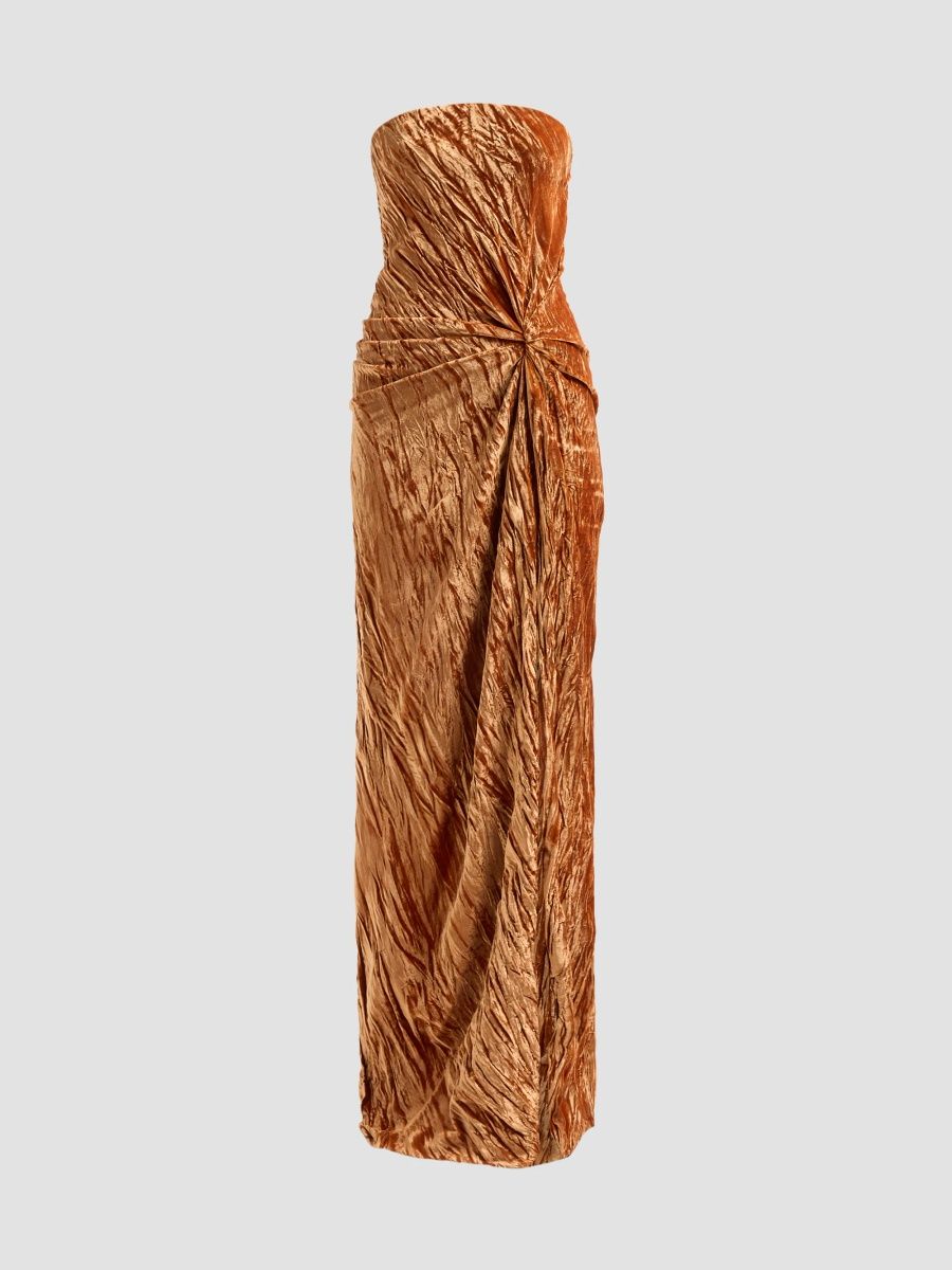 Oscar de la Renta Women's Pleated Velvet Draped Strapless Gown - Copper - Size 8