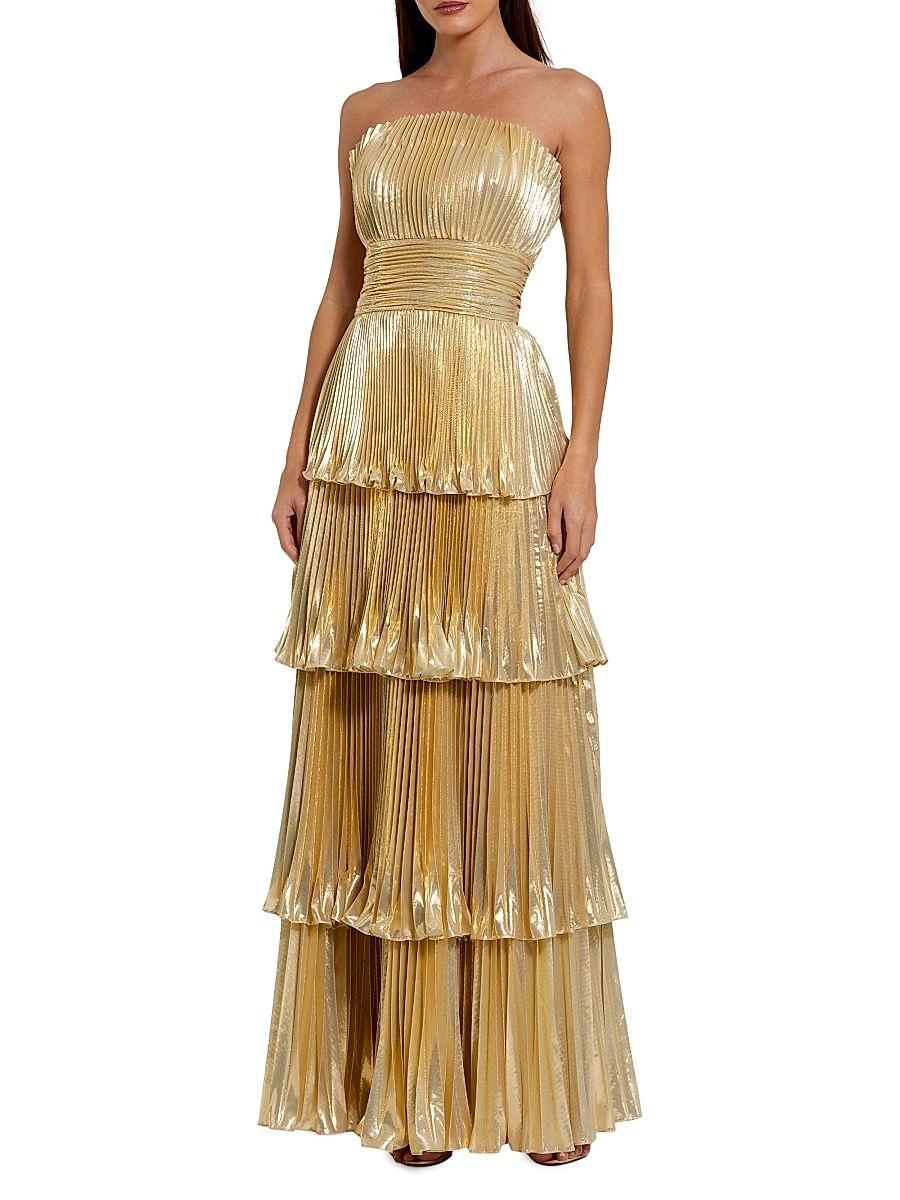 Women's Metallic Pleated Strapless Tiered Gown - Gold - Size 14