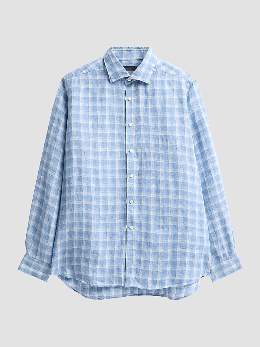 Men's COLLECTION Check Linen Shirt - Blue - Size XXL