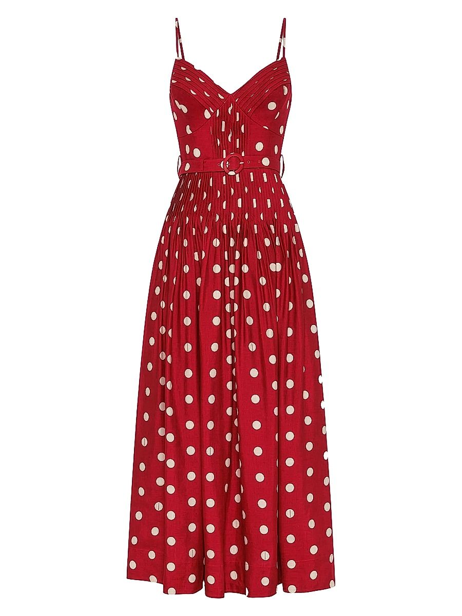 Women's Mireille Belted Polka Dot Linen-Blend Midi-Dress - Crimson Polka Dot - Size 12