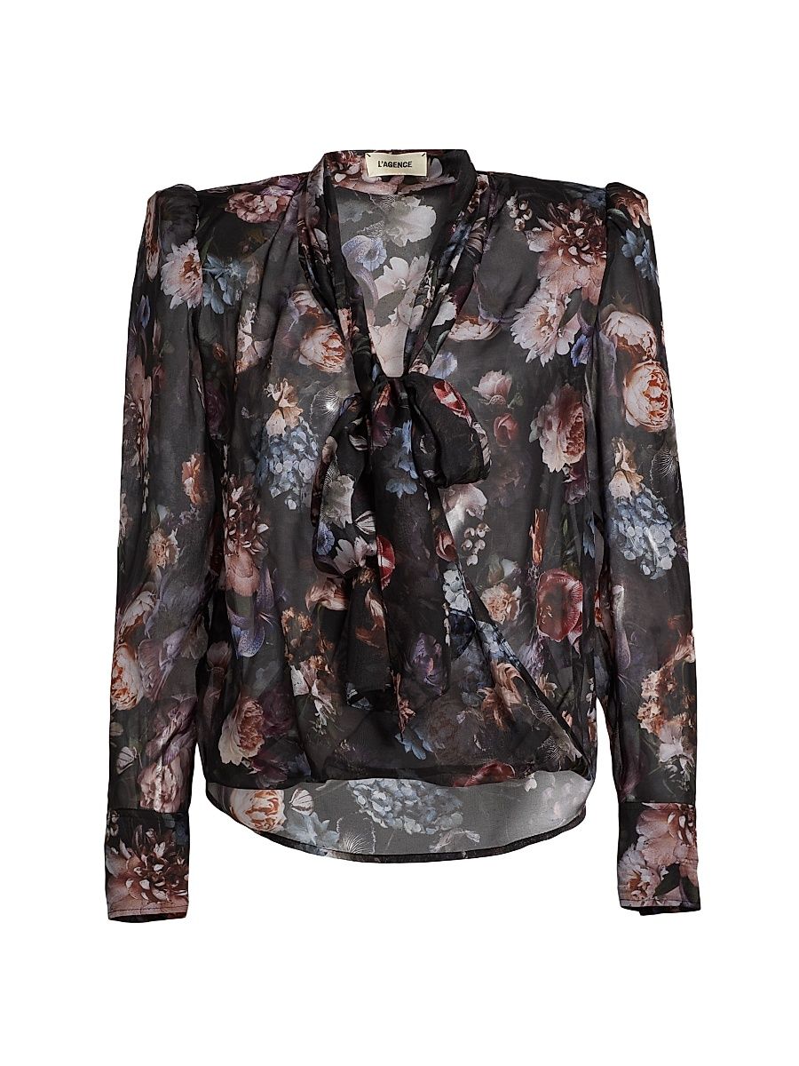 Women's Cambria Floral Silk Tieneck Blouse - Black Multi Vintage Flower - Size XS