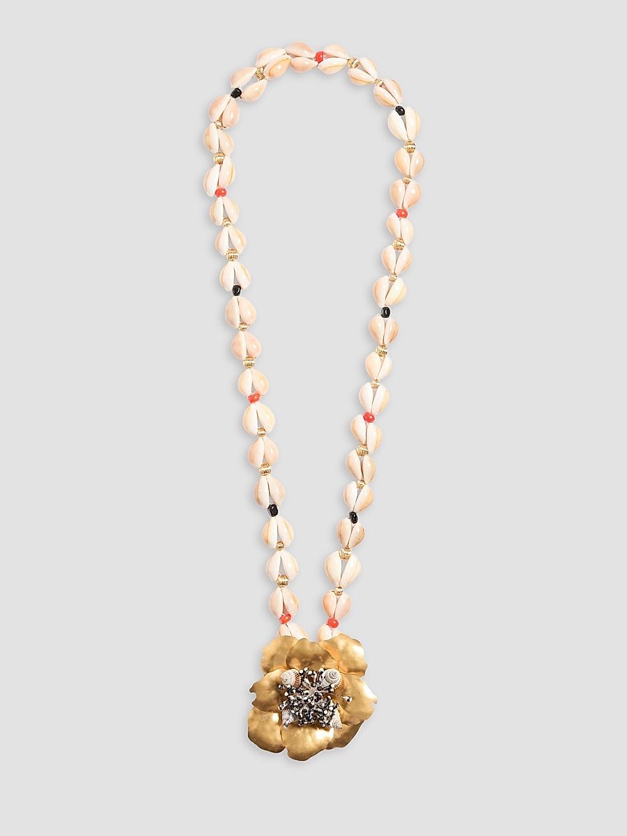 Women's Jardin Aquatique Necklace in Metal, Fabric, Shells, Coral and Onyx - Gold Multicolored
