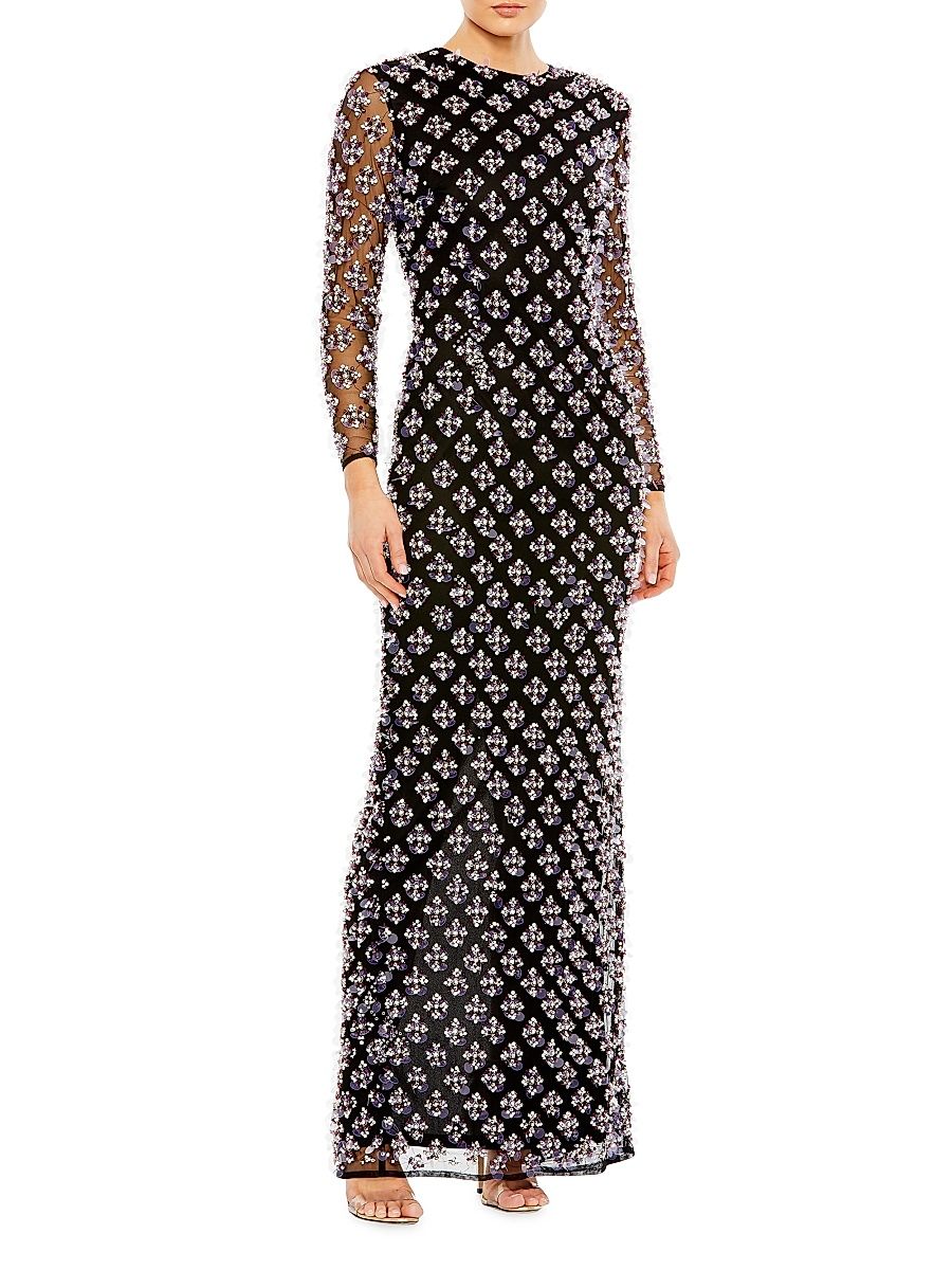 Women's Beaded Long-Sleeve Gown - Black - Size 16