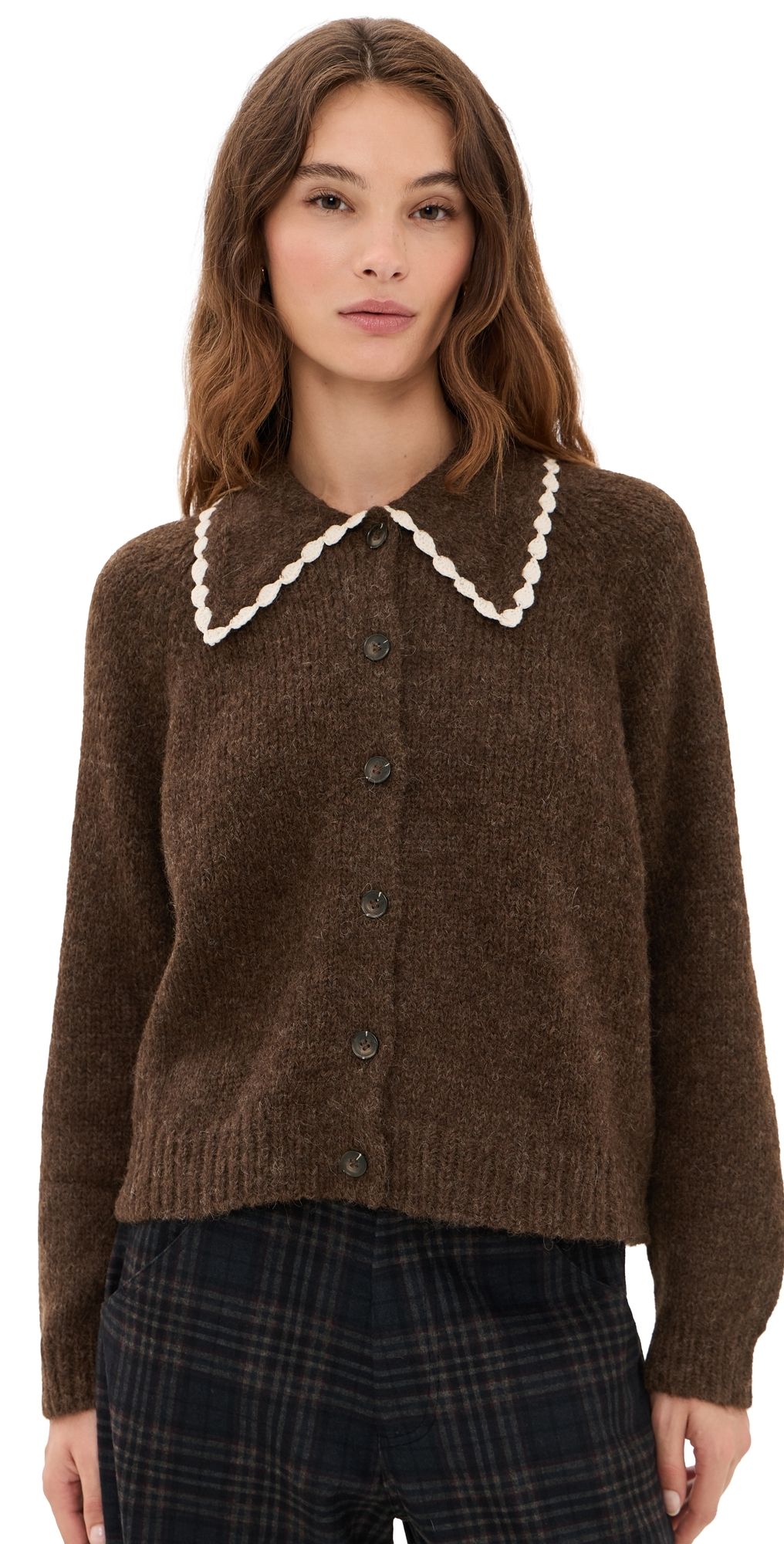 THE GREAT. The Crochet Collar Cardigan Chocolate Brown 0